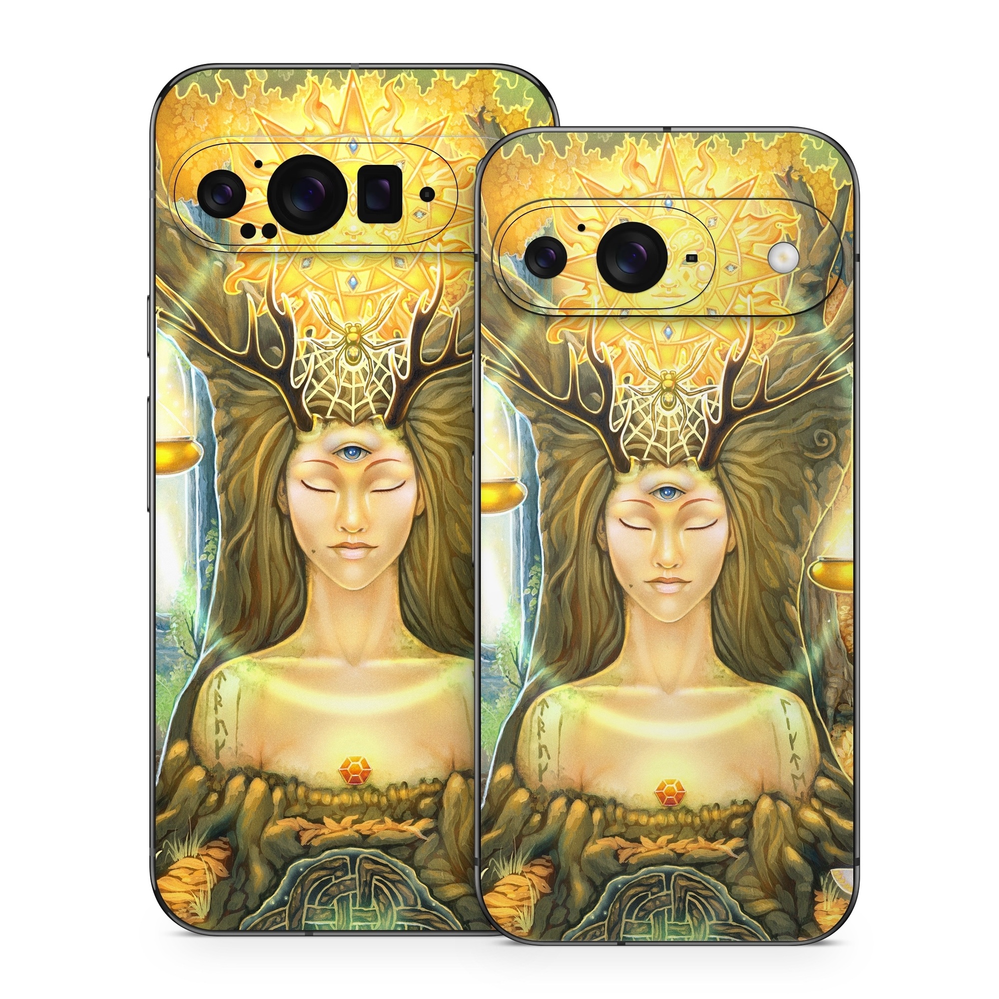 Google Pixel 9 Series Skin design of Painting, Art, Illustration, Plant, Fictional character, Mythology, Cg artwork, Visual arts, Glass, Drawing, with yellow, green, brown, pink, orange, black colors