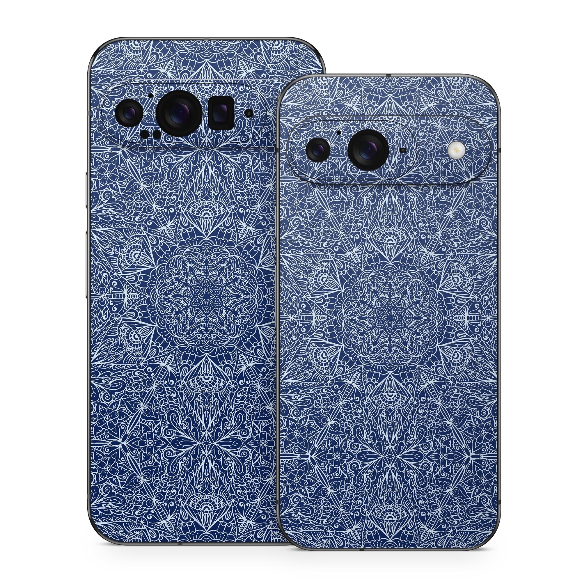 Google Pixel 9 Series Skin design of Blue, Pattern, Azure, Cobalt blue, Design, Textile, Electric blue, Wallpaper, Symmetry, with blue, white colors