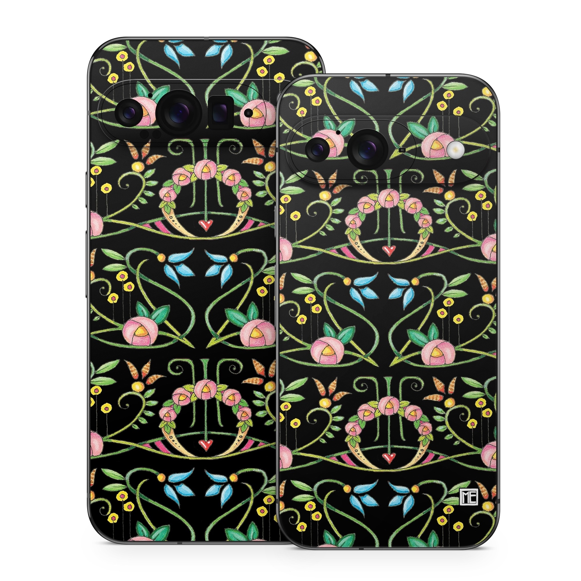 Google Pixel 9 Series Skin design of Flower, Rectangle, Textile, Ornament, Plant, Line, Motif, Creative arts, Art, Pattern, with black, pink, blue, green, yellow colors