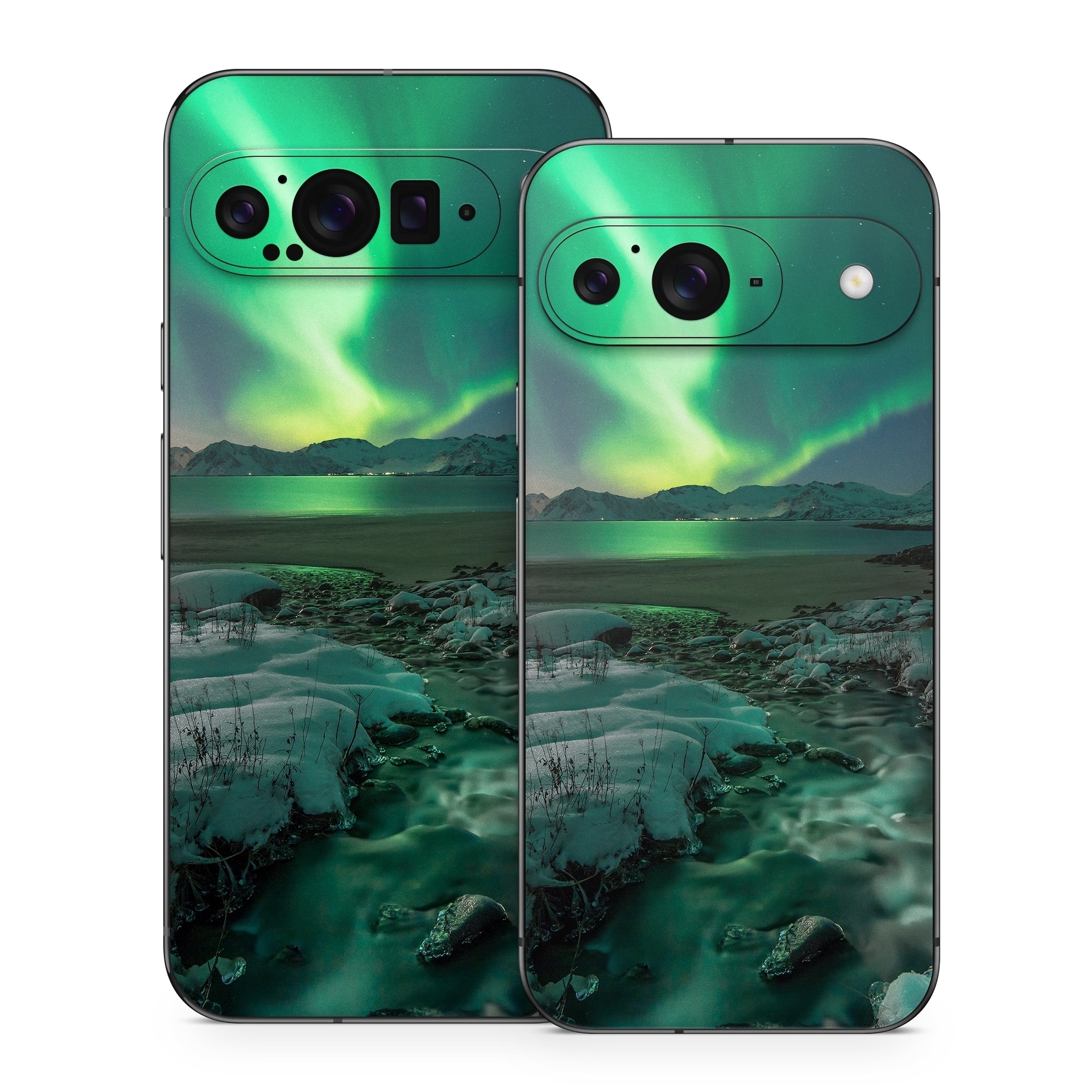 Google Pixel 9 Series Skin design of Nature, Aurora, Sky, Geological phenomenon, Water, Atmosphere, Space, Landscape, World, Glacier, with white, green, blue, black, gray colors