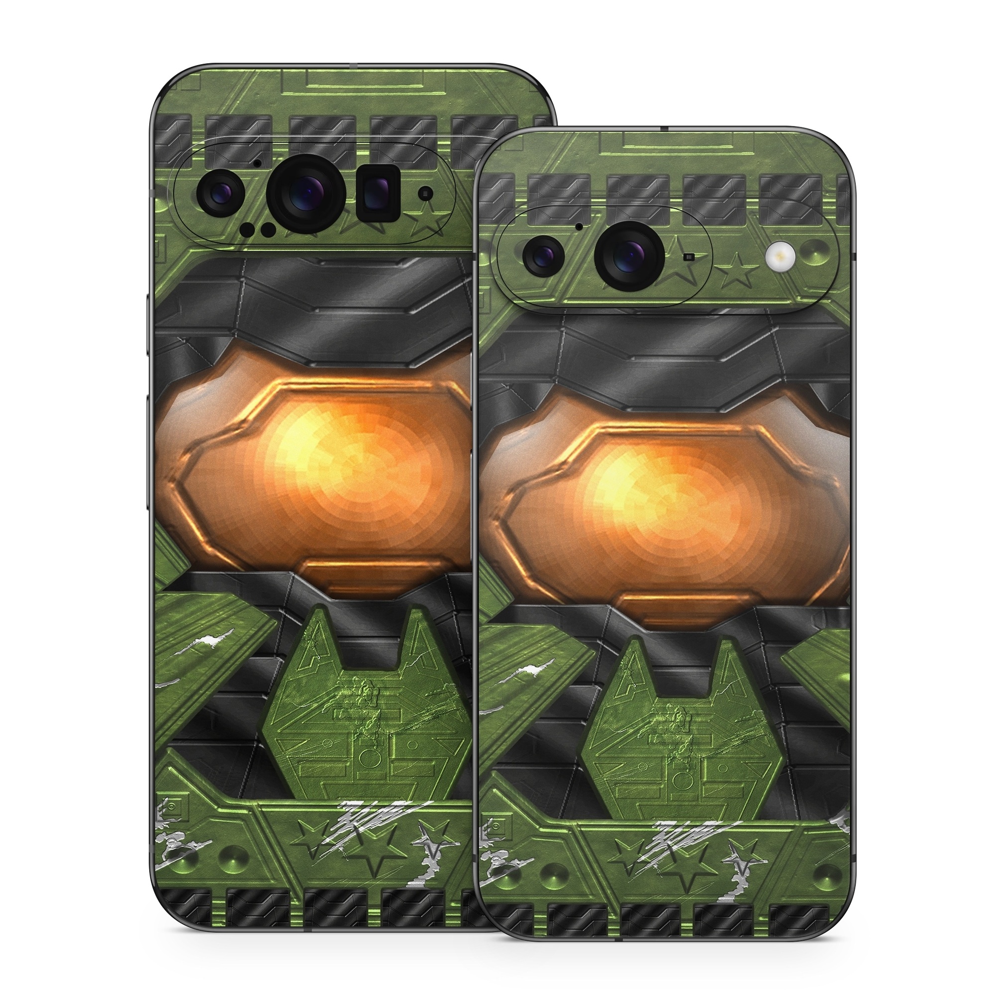 Google Pixel 9 Series Skin design of Green, Fictional character, Games, Fiction, Pc game, Illustration, Strategy video game, Digital compositing, Art, Screenshot, with green, yellow, orange, black colors