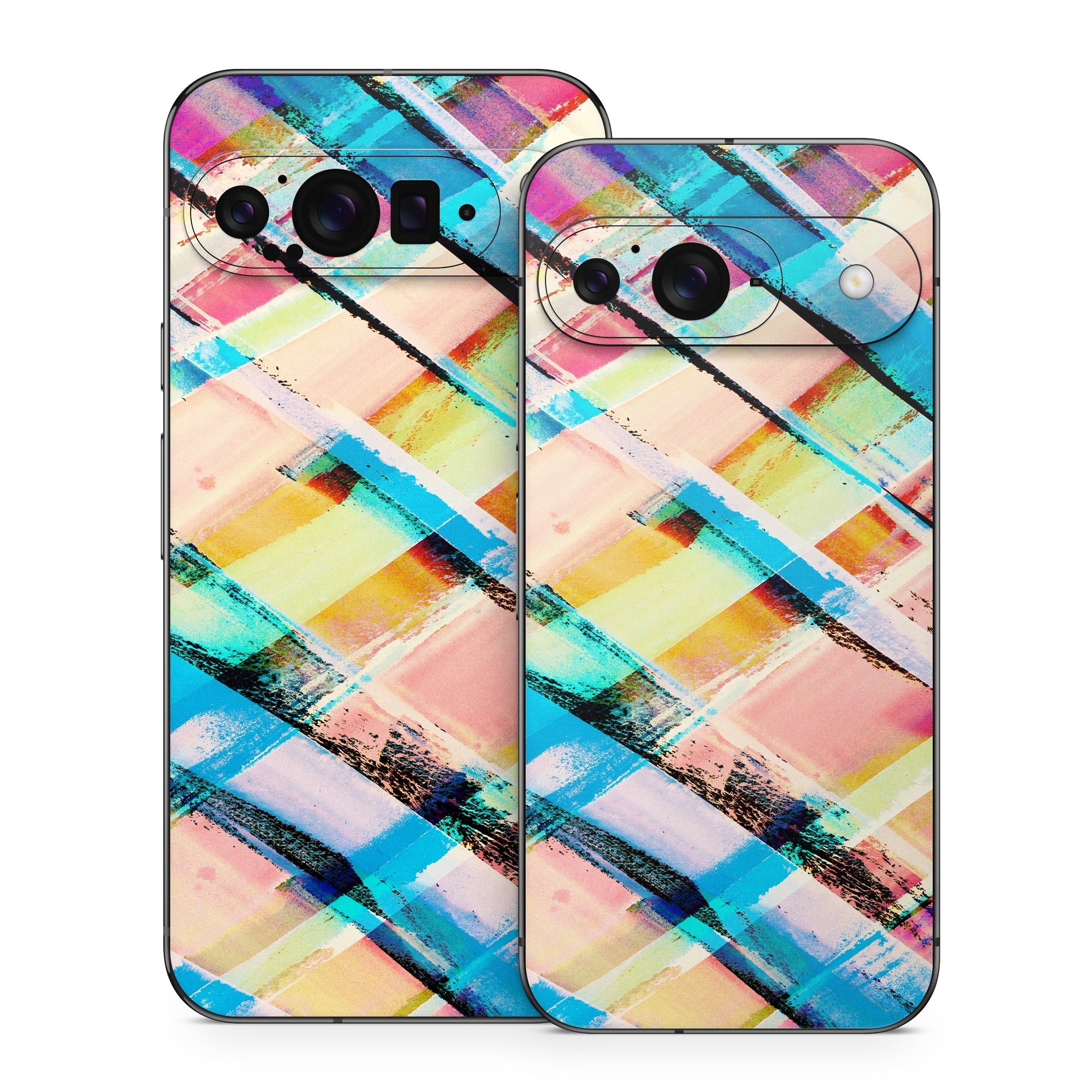 Google Pixel 9 Series Skin design of Line, Pattern, Turquoise, Plaid, Orange, Colorfulness, Design, Textile, Tints and shades, with blue, pink, red, purple, yellow, orange colors