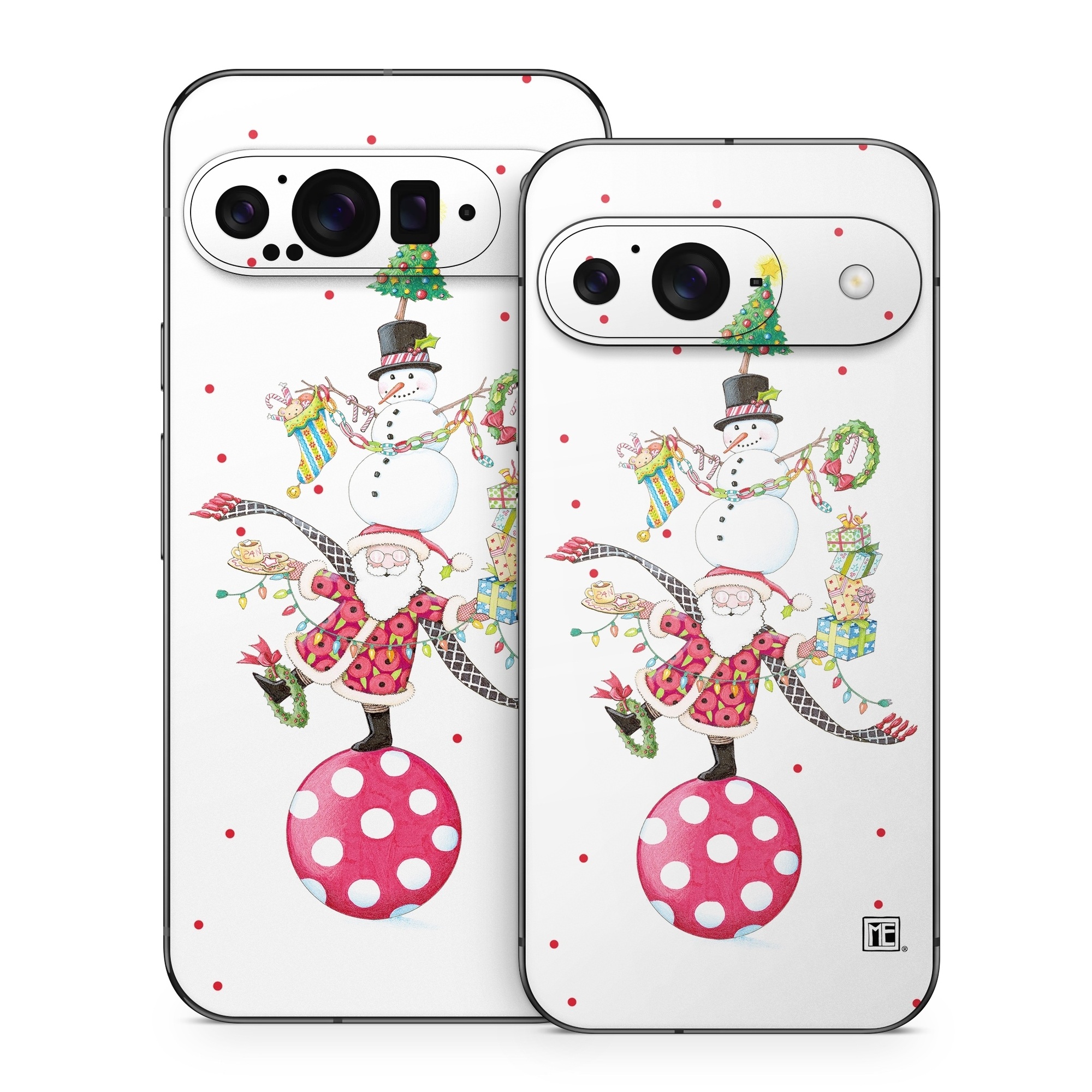 Google Pixel 9 Series Skin design of Snowman, Holiday ornament, Christmas ornament, Creative arts, Christmas decoration, Ornament, Pattern, Event, Art, Circle, with white, red, yellow, green, orange, black, blue colors