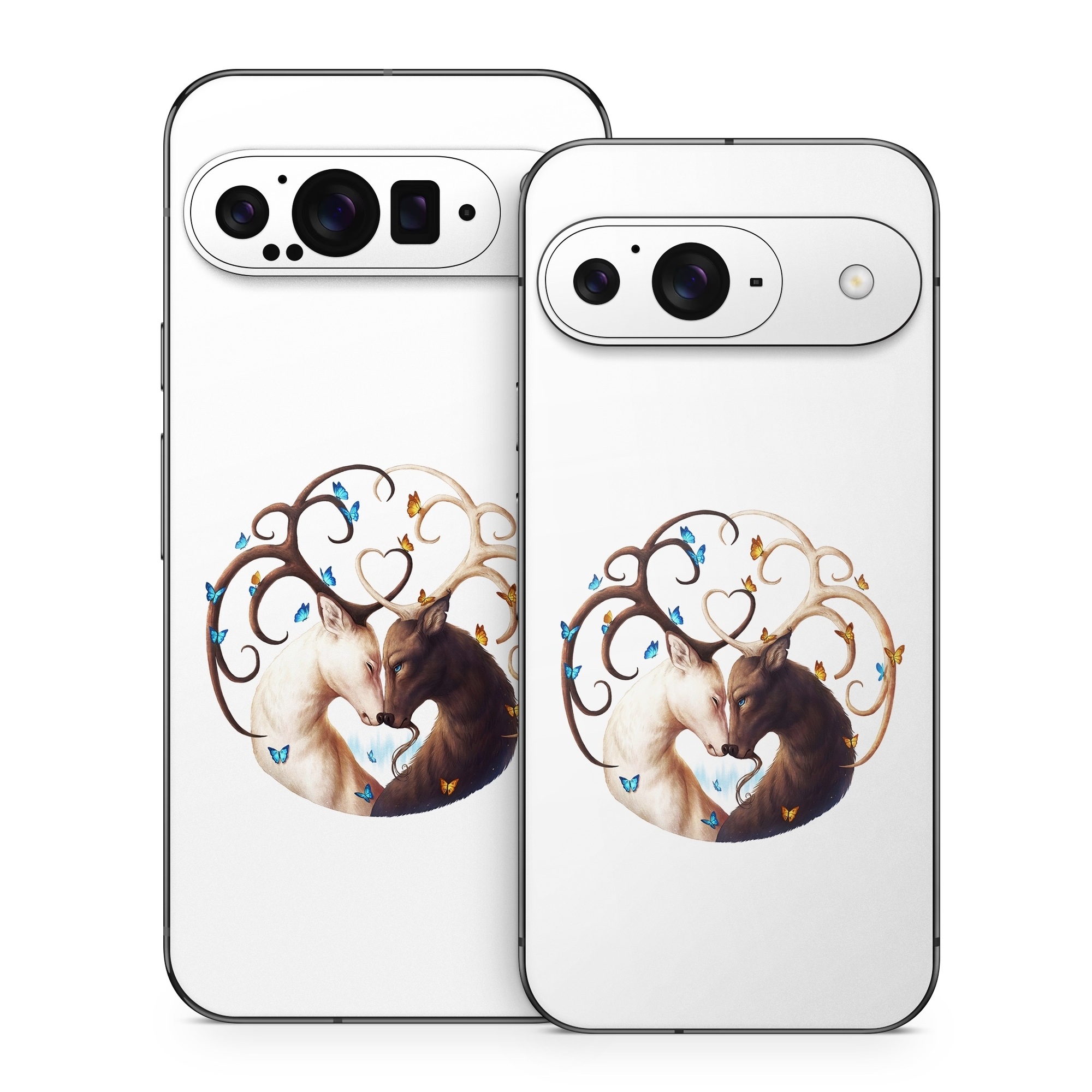 Google Pixel 9 Series Skin design of Gesture, Fawn, Serveware, Horn, Font, Art, Mythical creature, Dishware, Tail, Drinkware, with white, brown, blue, yellow, orange colors