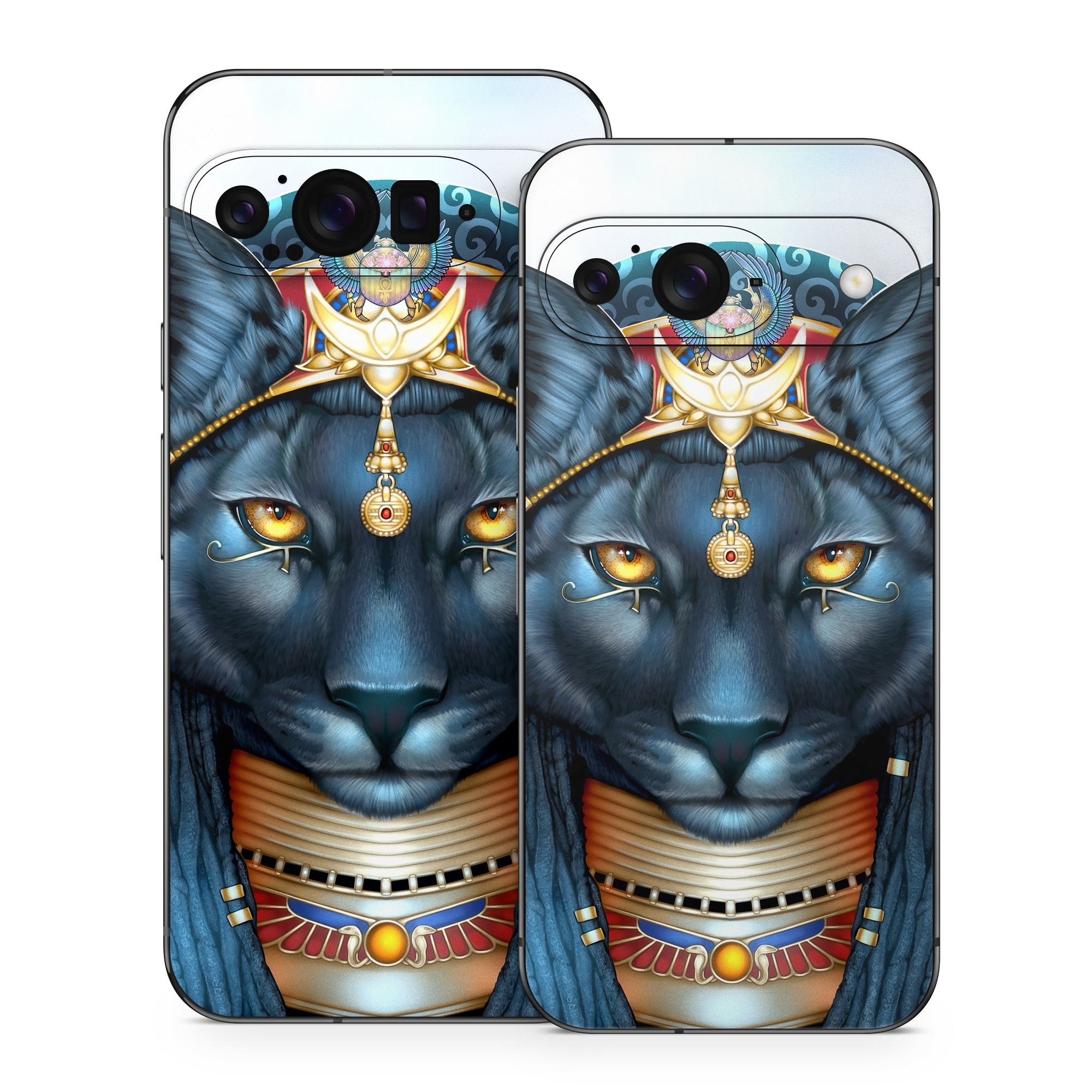 Google Pixel 9 Series Skin design of Jaw, Font, Whiskers, Toy, Snout, Personal protective equipment, Fictional character, Electric blue, Graphics, Mask, with black, white, red, blue, yellow, orange colors