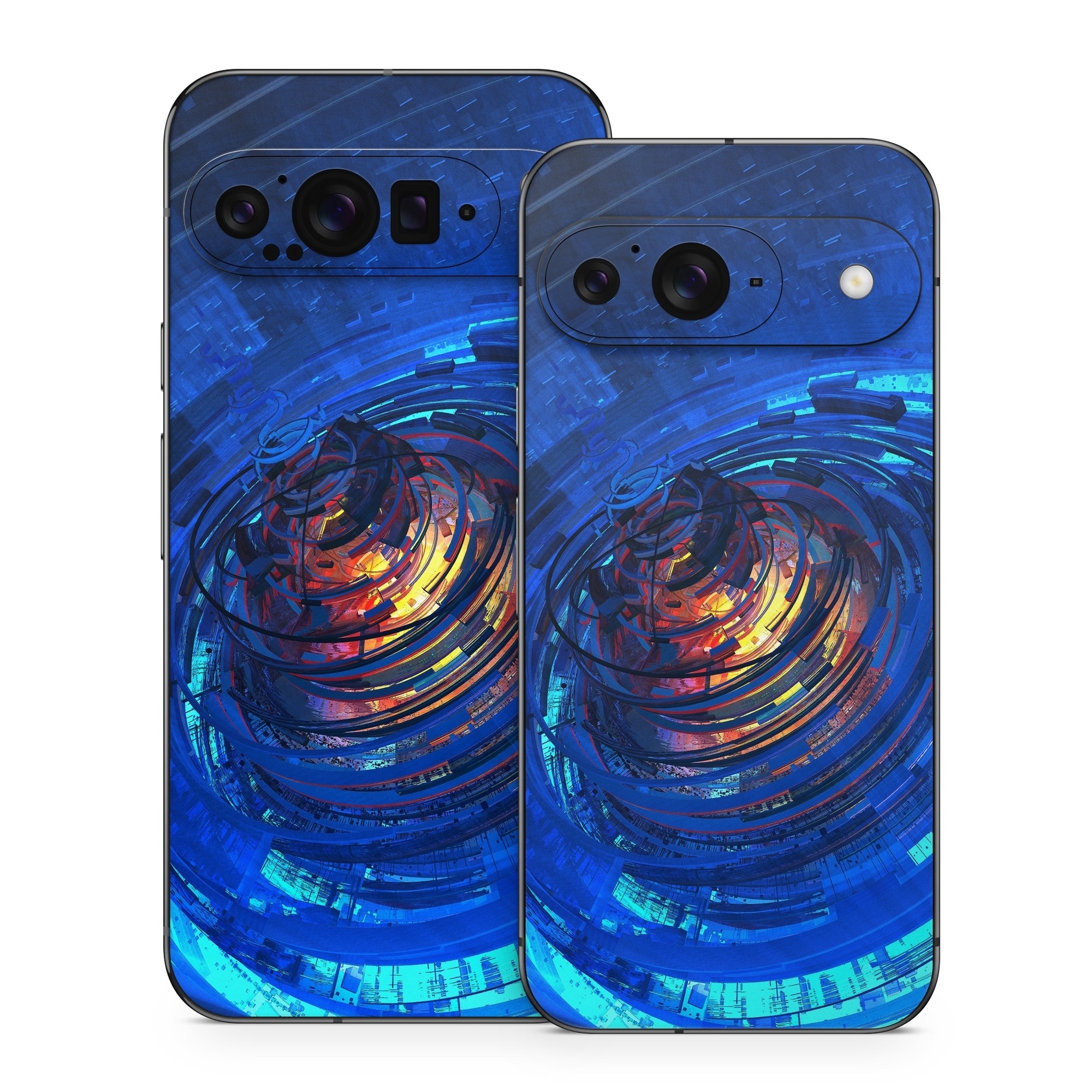 Google Pixel 9 Series Skin design of Blue, Water, Circle, Vortex, Electric blue, Wave, Liquid, Graphics, Pattern, Colorfulness, with blue, orange, yellow colors