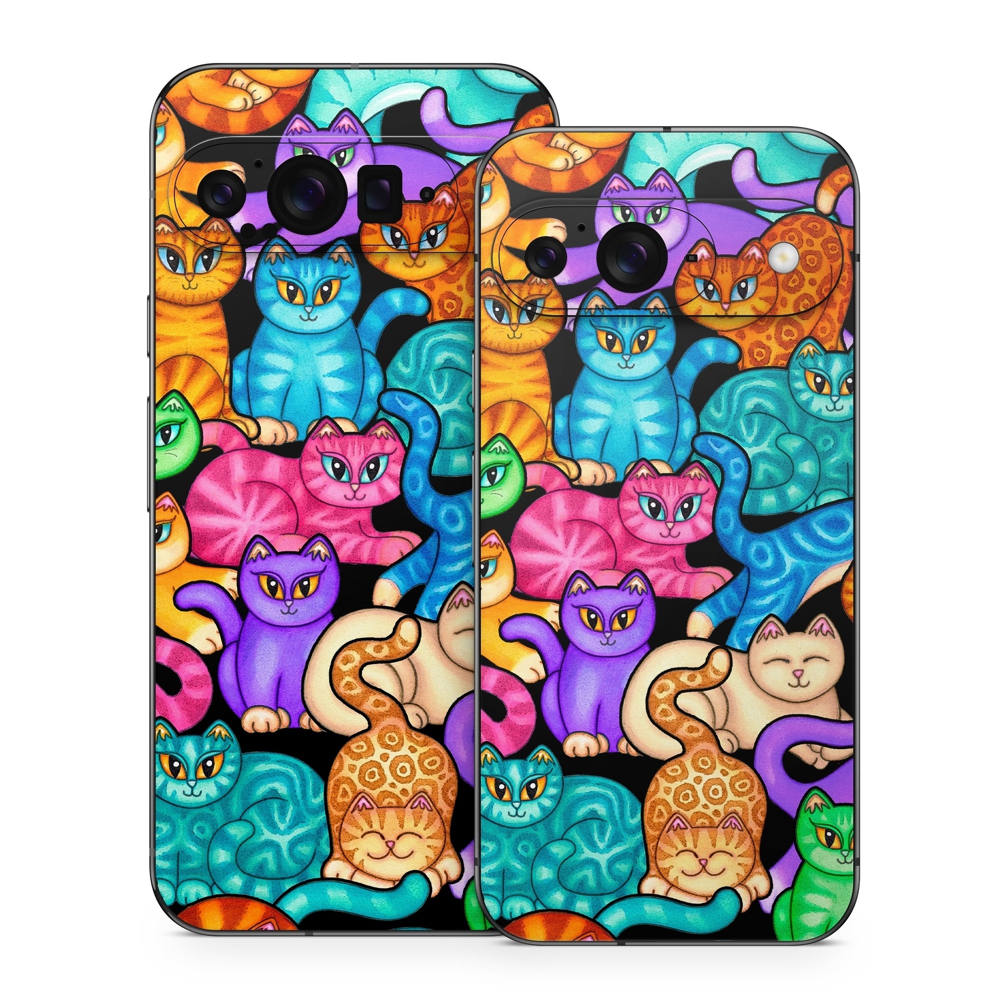 Google Pixel 9 Series Skin design of Cat, Cartoon, Felidae, Organism, Small to medium-sized cats, Illustration, Animated cartoon, Wildlife, Kitten, Art, with black, blue, red, purple, green, brown colors