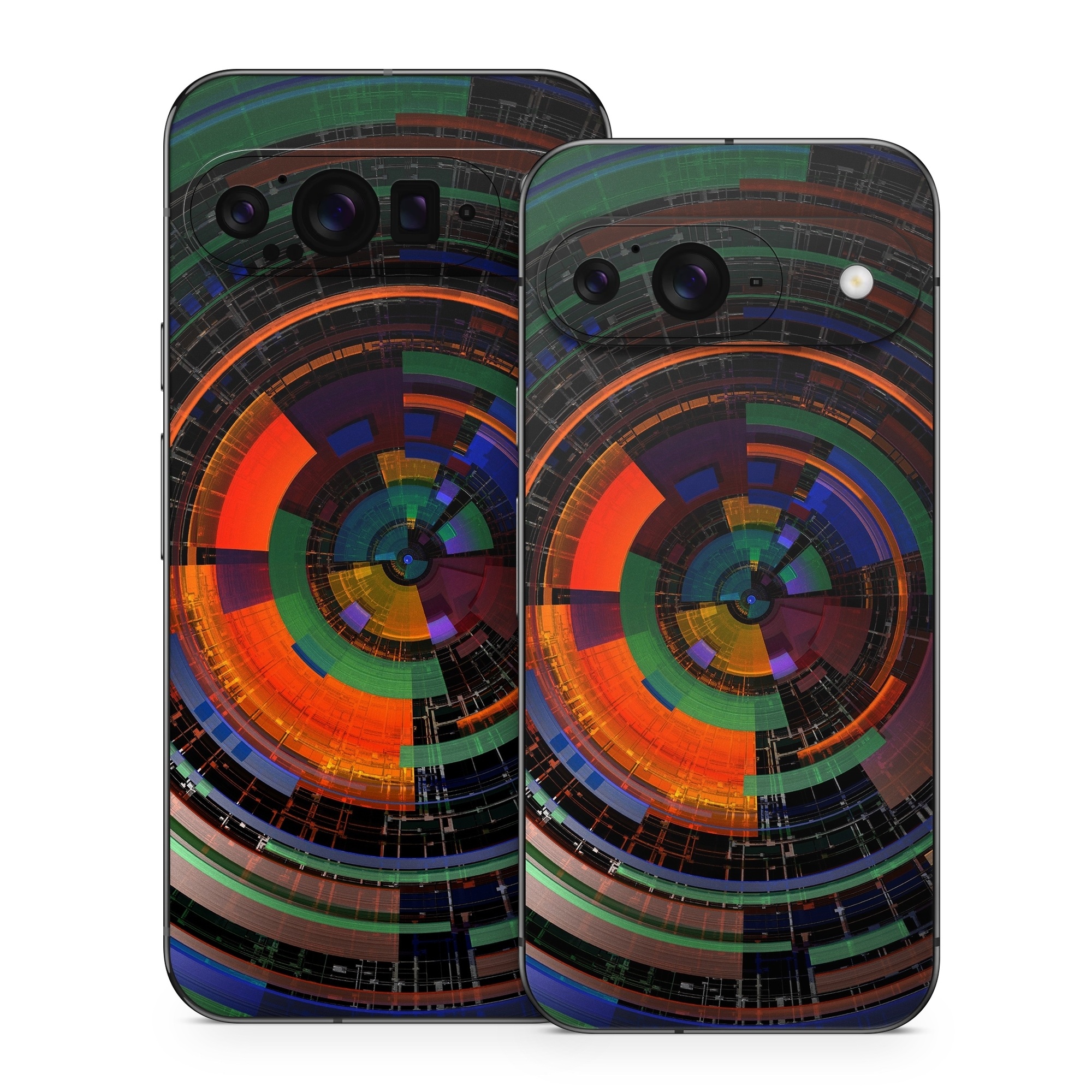 Google Pixel 9 Series Skin design of Colorfulness, Pattern, Circle, Design, Architecture, Symmetry, Art, Spiral, Psychedelic art, with black, red, blue, green, orange, brown colors