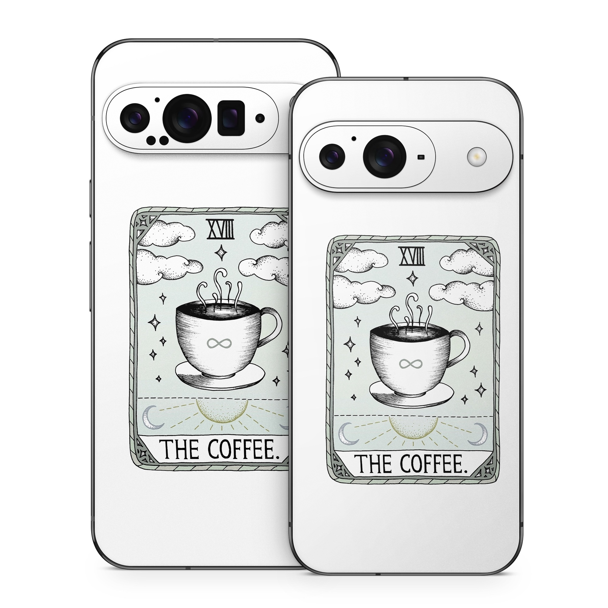 Google Pixel 9 Series Skin design of Cup, Cartoon, Drinkware, Coffee cup, Tableware, Teacup, Illustration, Drink, Line art, with white, black, green, gray, yellow colors