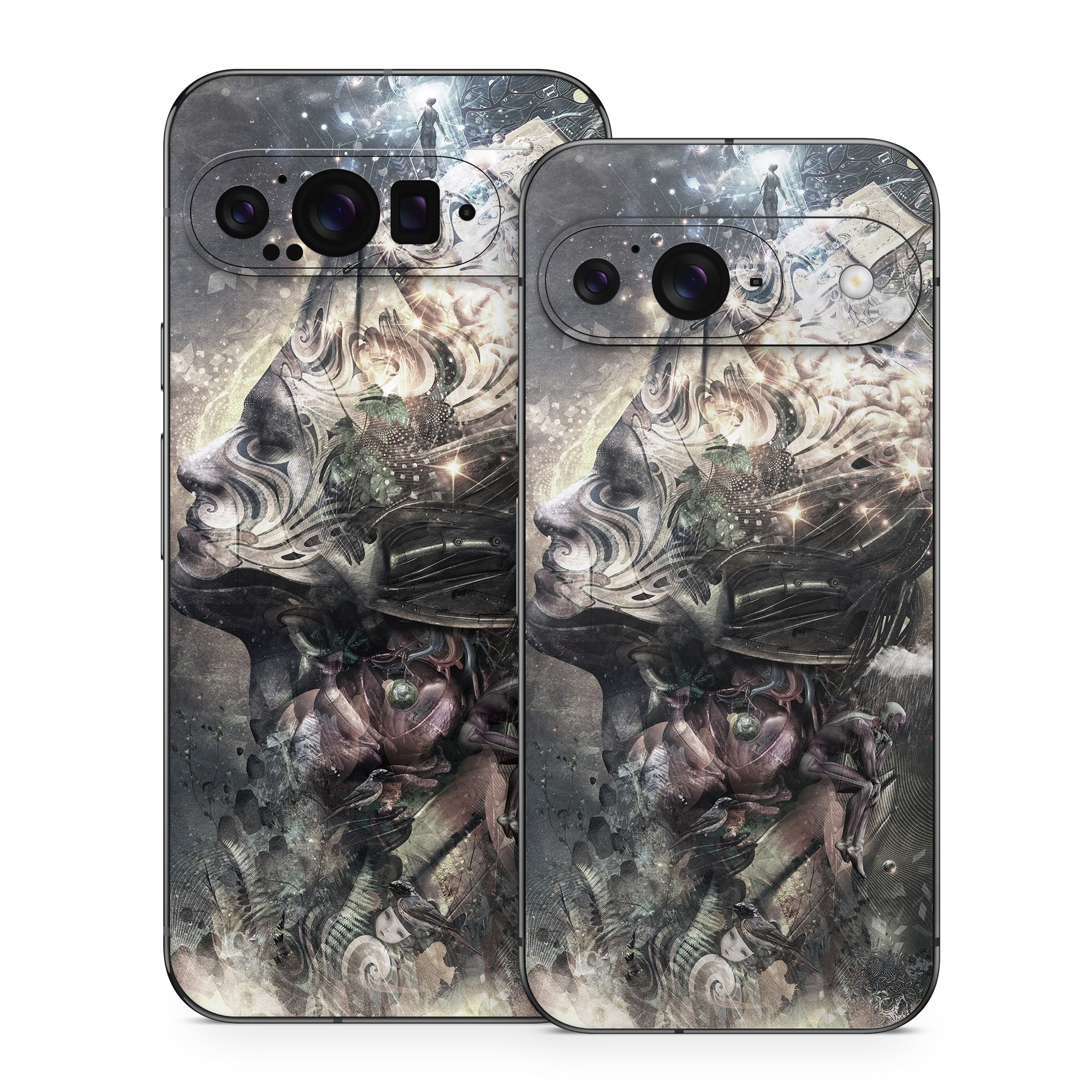 Google Pixel 9 Series Skin design of Space, Cg artwork, Art, Sky, Darkness, Illustration, Graphic design, Outer space, Graphics, Animation, with white, black, gray, yellow colors