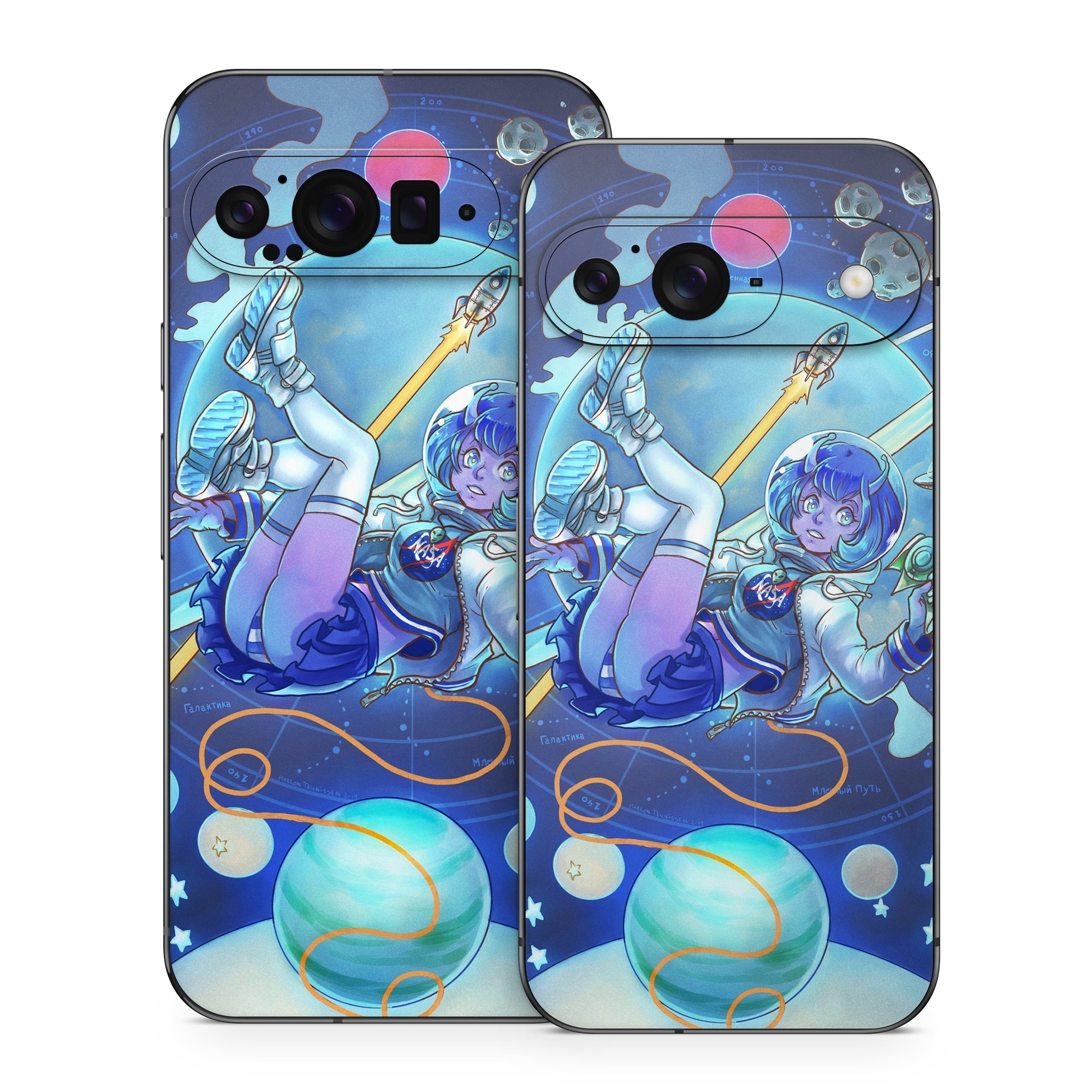 Google Pixel 9 Series Skin design of Cartoon, Illustration, Graphic design, Games, Space, Design, Anime, Art, Graphics, Fictional character, with blue, white, yellow, purple, green, red, orange, black colors