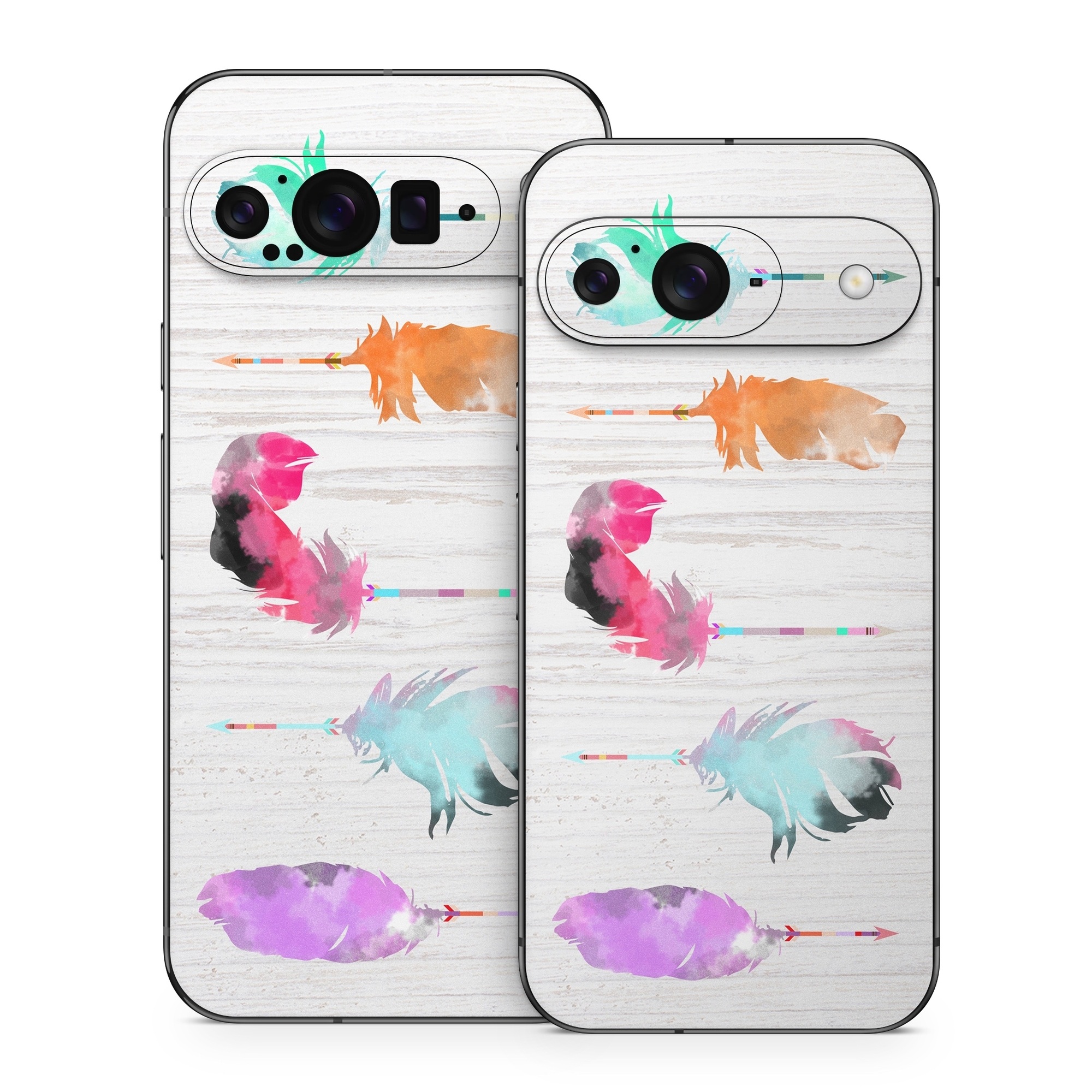 Google Pixel 9 Series Skin design of Pink, Watercolor paint, Illustration, Feather, Design, Art, Painting, Graphic design, Visual arts, Drawing, with white, orange, red, blue, pink, purple, green colors