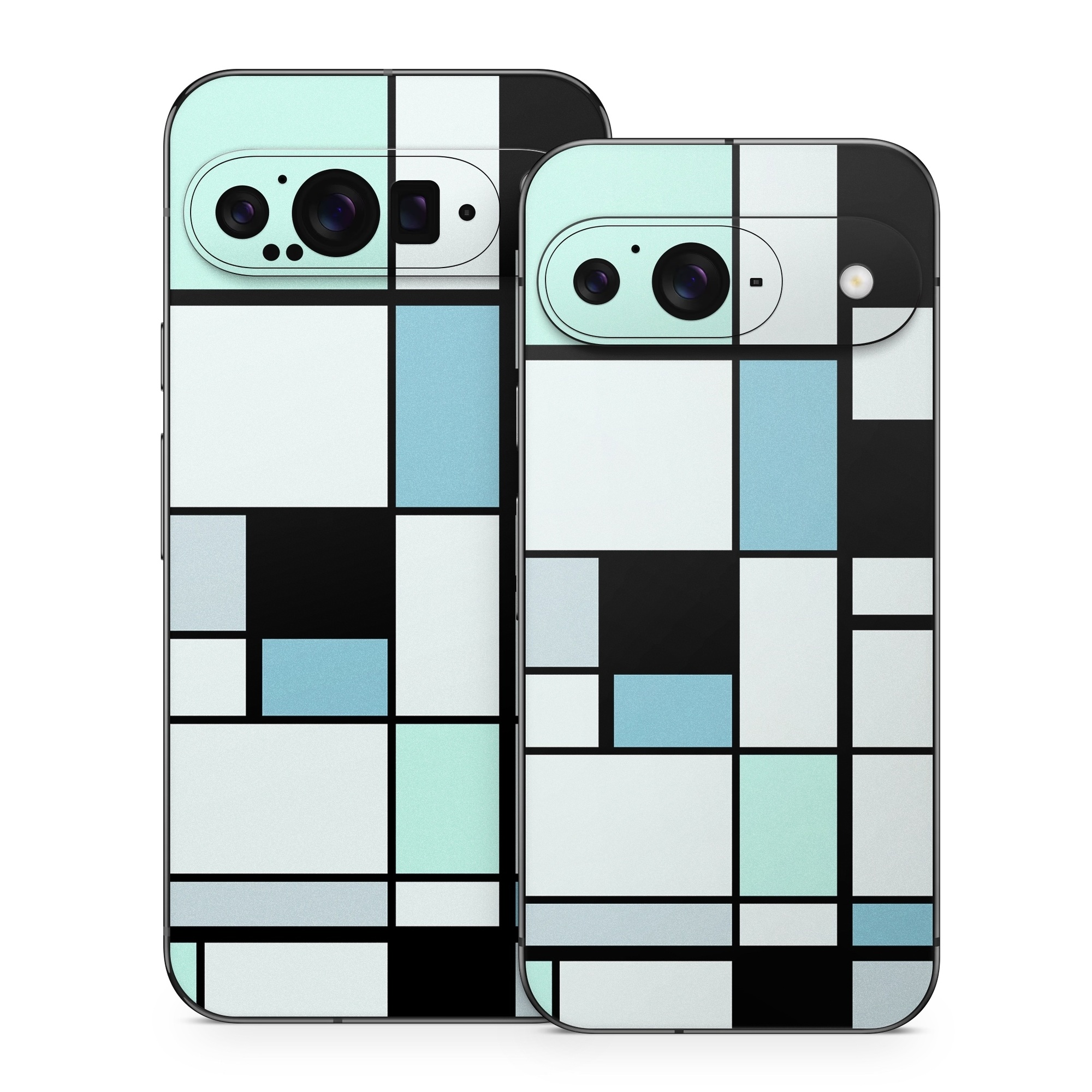 Google Pixel 9 Series Skin design of Blue, Line, Turquoise, Pattern, Rectangle, Design, Parallel, Square, Symmetry, Tints and shades, with black, blue, green colors
