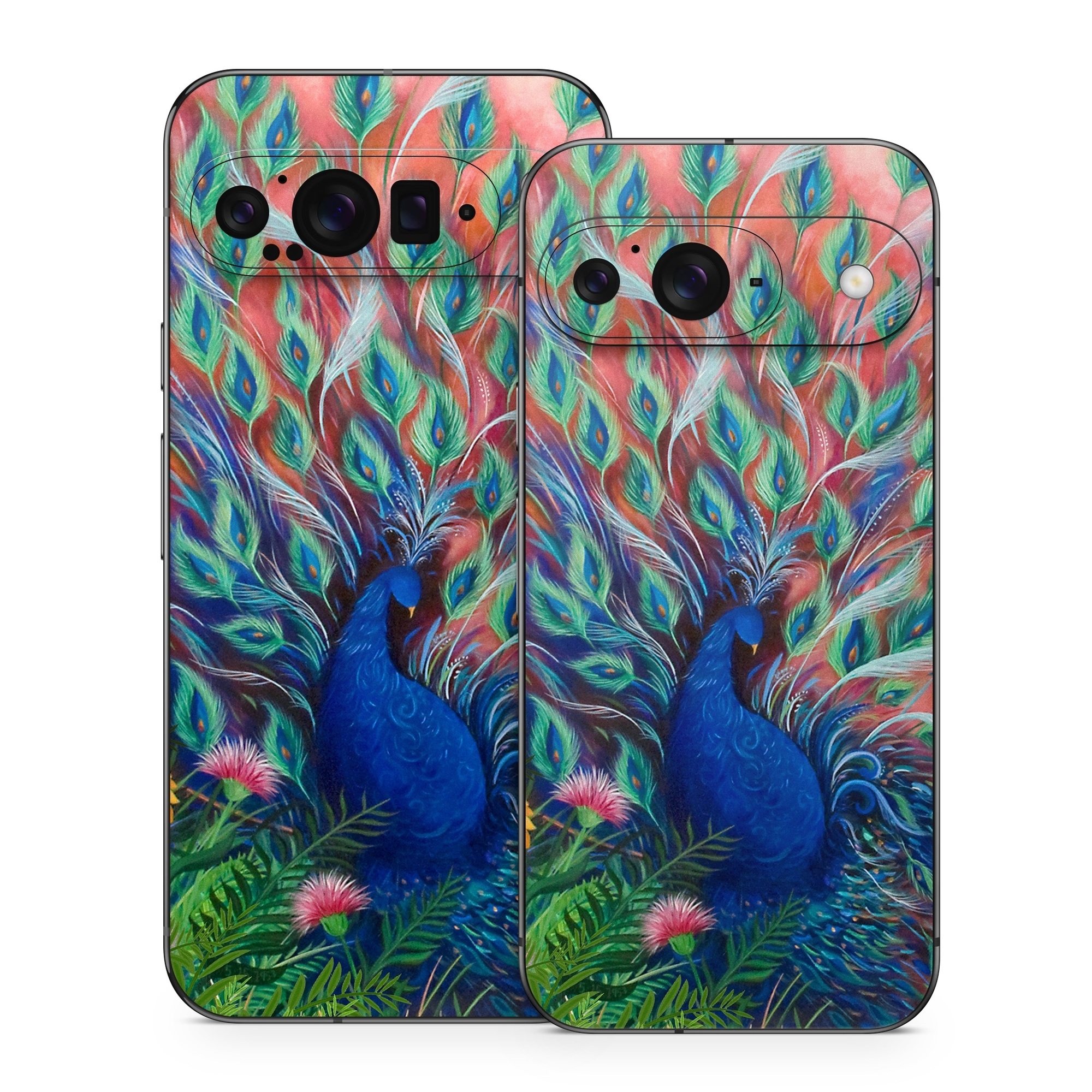 Google Pixel 9 Series Skin design of Painting, Acrylic paint, Bird, Child art, Art, Galliformes, Peafowl, Visual arts, Watercolor paint, Plant, with black, red, gray, blue, green colors