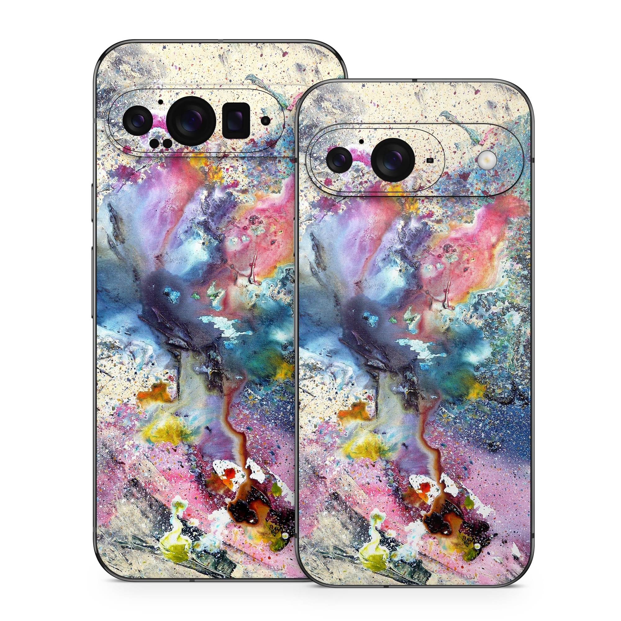 Google Pixel 9 Series Skin design of Watercolor paint, Painting, Acrylic paint, Art, Modern art, Paint, Visual arts, Space, Colorfulness, Illustration, with gray, black, blue, red, pink colors