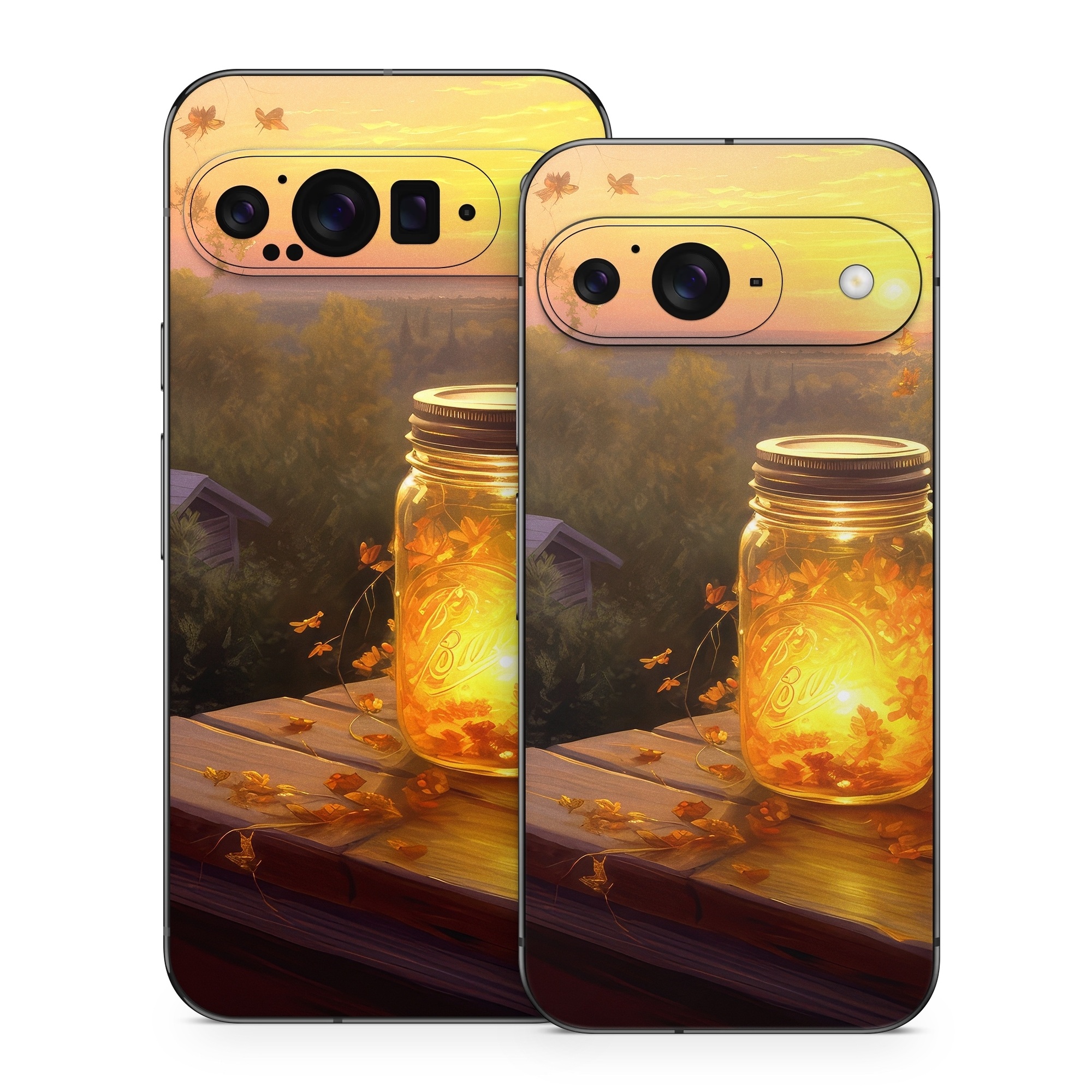 Google Pixel 9 Series Skin design of Sky, Plant, Amber, Candle, Wood, Orange, Sunlight, Cloud, Sunset, Heat, with yellow, orange, black, green, gray, red colors