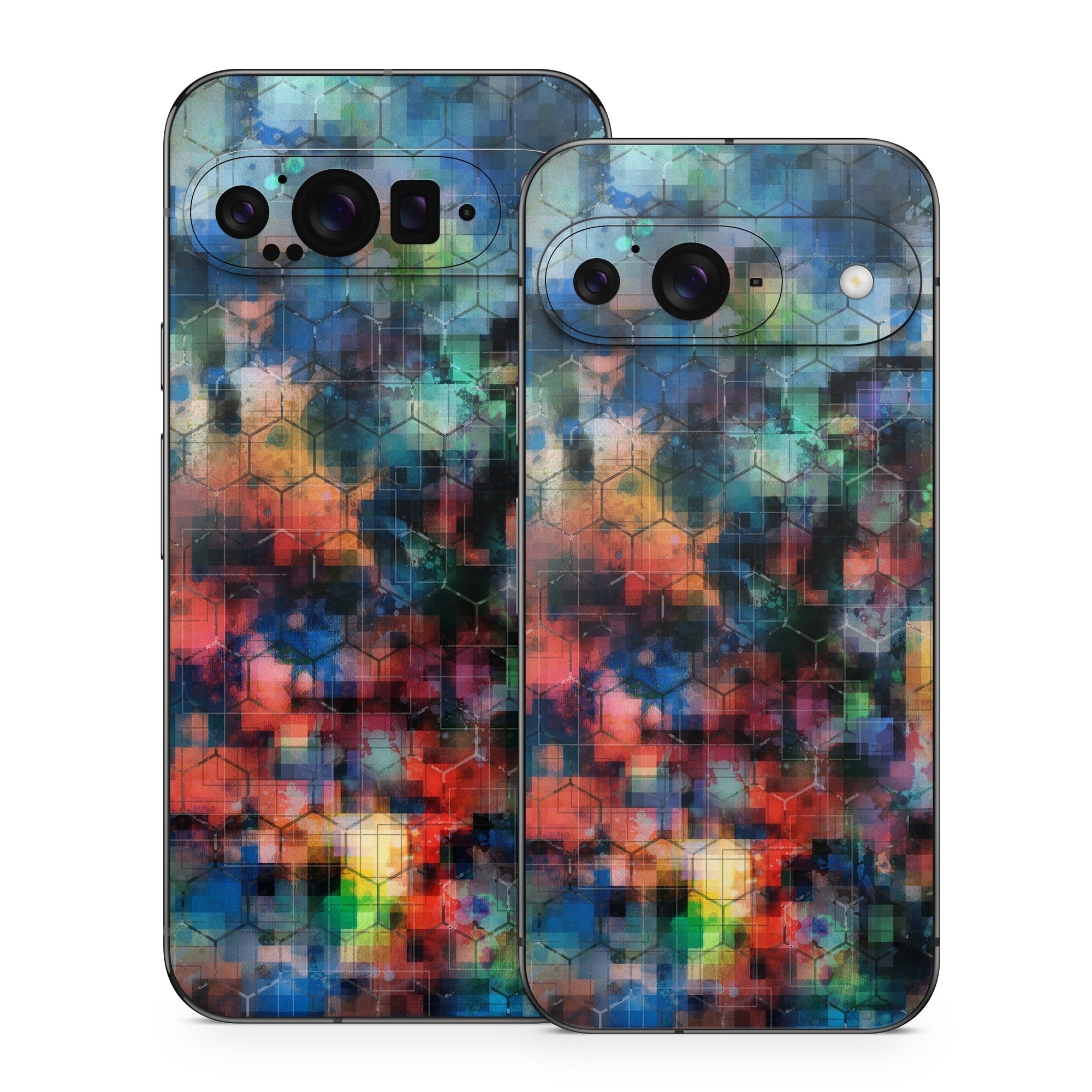 Google Pixel 9 Series Skin design of Blue, Colorfulness, Pattern, Psychedelic art, Art, Sky, Design, Textile, Dye, Modern art, with black, blue, red, gray, green colors