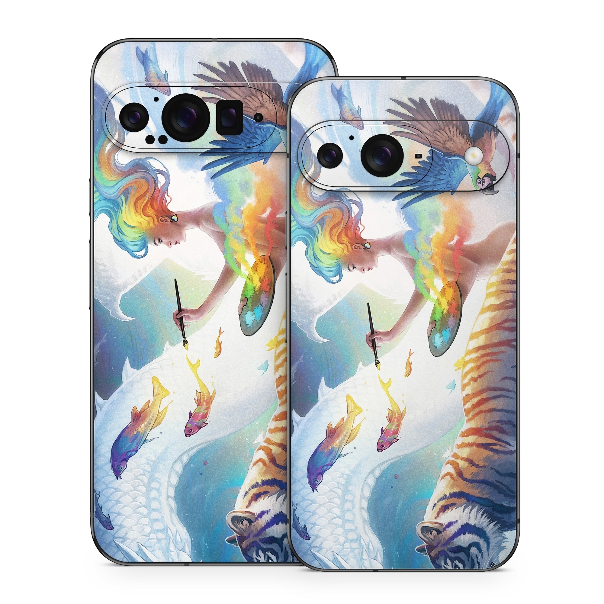 Google Pixel 9 Series Skin design of Siberian tiger, Bengal tiger, Vertebrate, Tiger, Felidae, Mammal, Water, Carnivore, Art, Painting, with blue, red, yellow, orange, green, purple, black, white colors