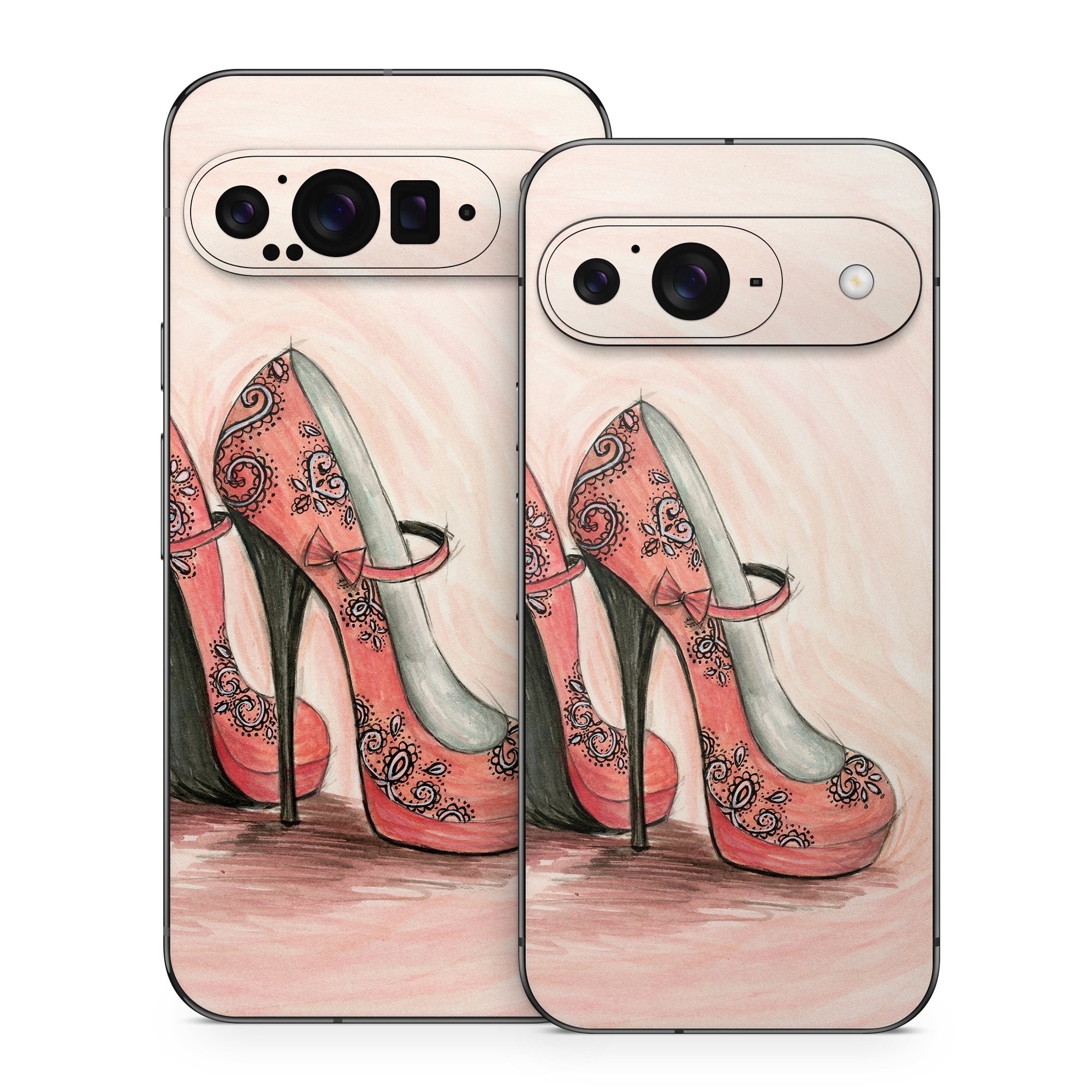 Google Pixel 9 Series Skin design of Footwear, High heels, Shoe, Pink, Court shoe, Illustration, Leg, Basic pump, Peach, Painting, with pink, gray, red, white, black, green colors