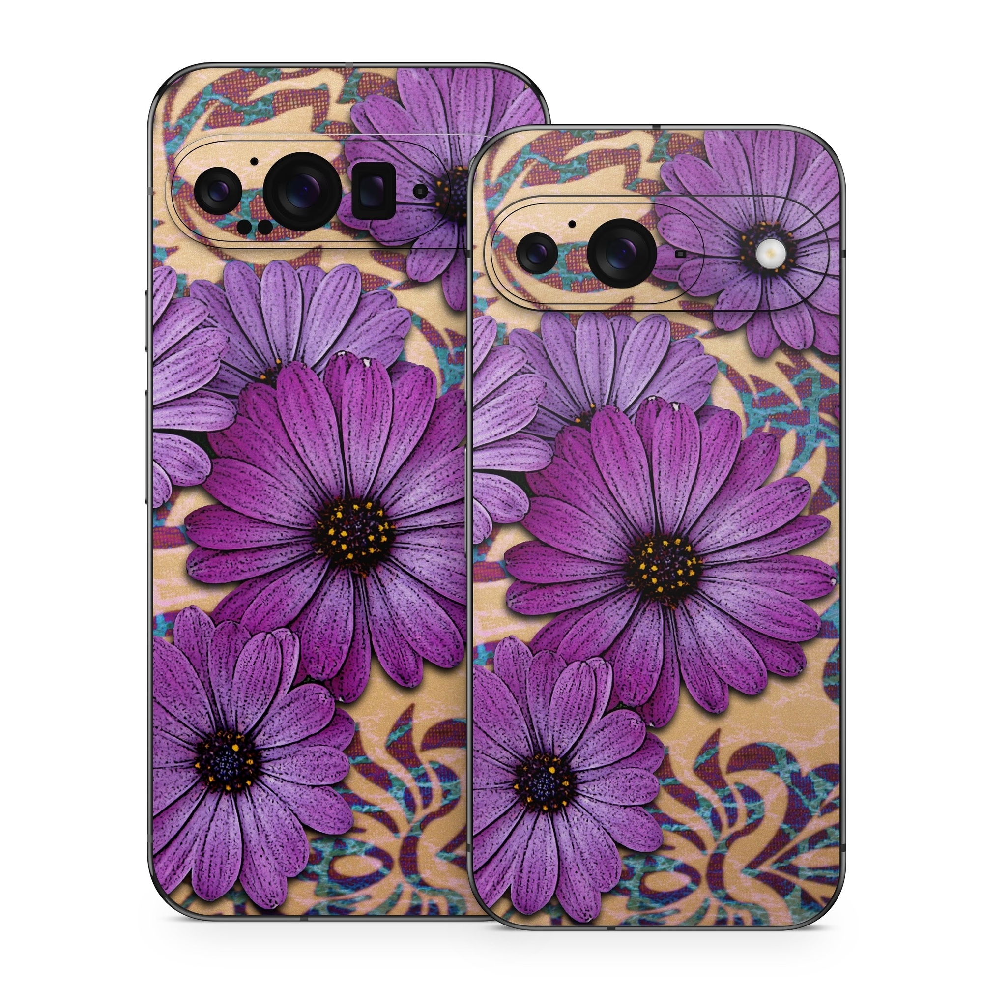 Google Pixel 9 Series Skin design of Purple, Flower, Violet, Petal, Plant, african daisy, Floral design, Wildflower, Pattern, Textile, with purple, black, gray, blue, green, red colors