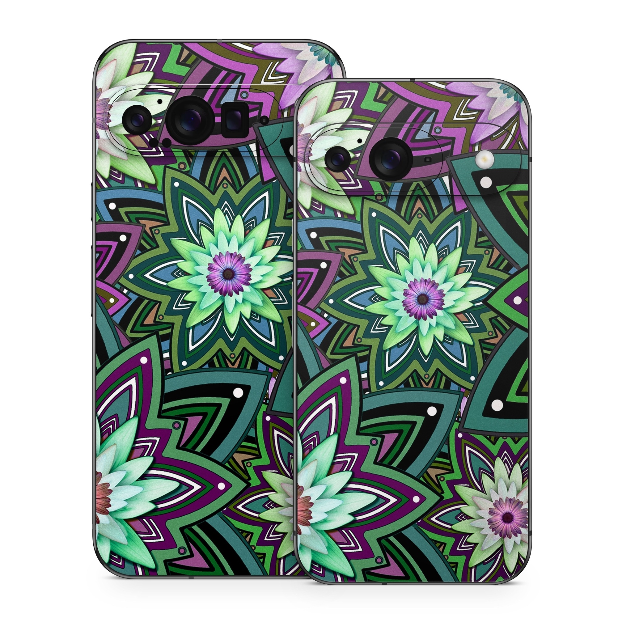 Google Pixel 9 Series Skin design of Pattern, Purple, Green, Flower, Psychedelic art, Design, Lilac, Plant, Symmetry, Visual arts, with black, gray, green, purple, blue, red colors