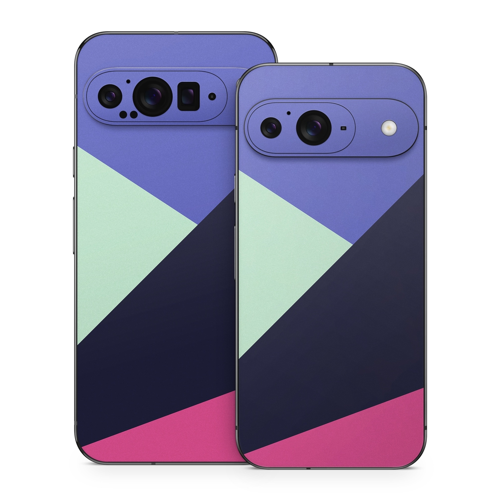 Google Pixel 9 Series Skin design of Purple, Violet, Line, Magenta, Graphic design, Triangle, Pattern, Design, Material property, Font, with black, blue, green, pink colors