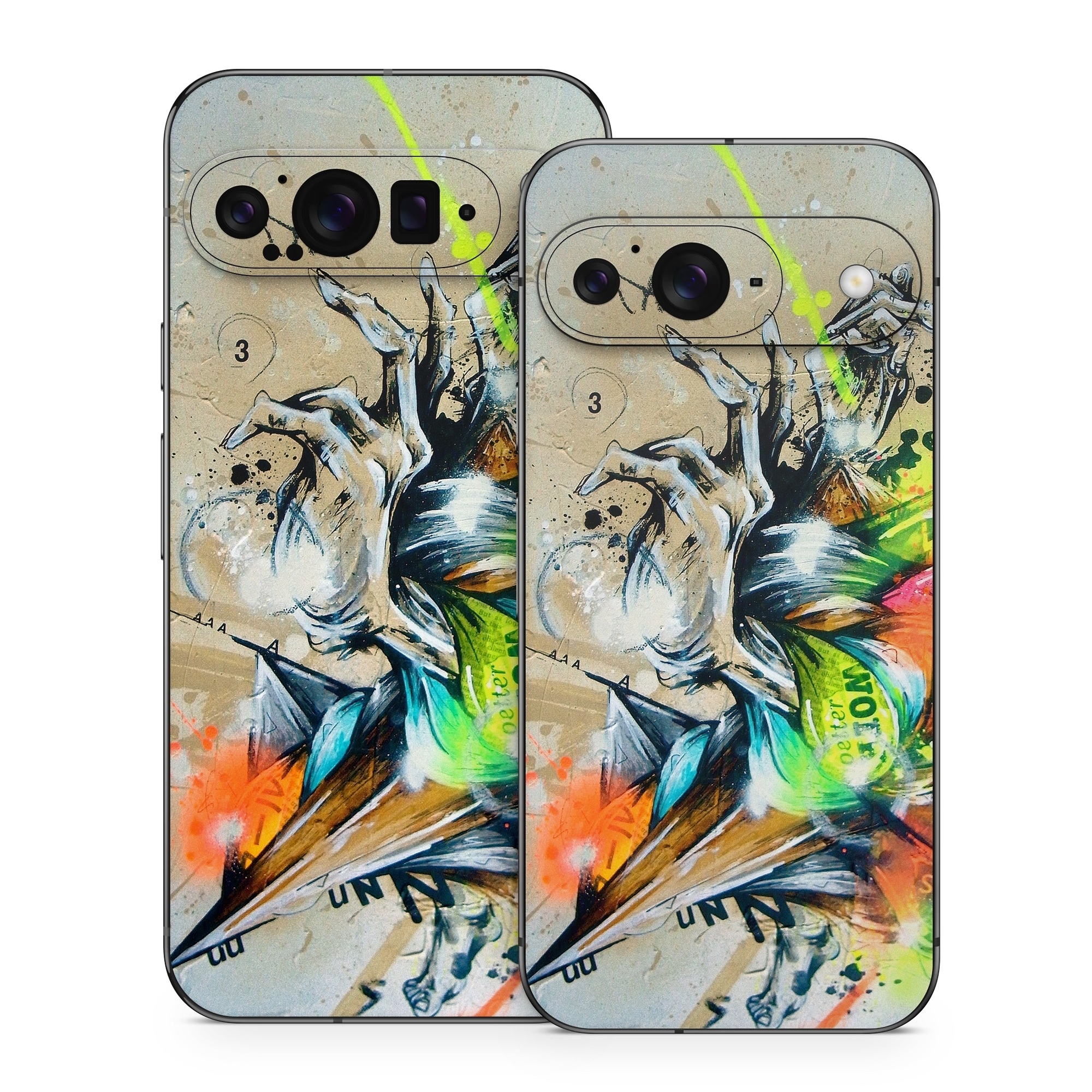 Google Pixel 9 Series Skin design of Graphic design, Art, Illustration, Fictional character, Visual arts, Graphics, Painting, Watercolor paint, Modern art, Games, with gray, black, green, red, orange, pink colors