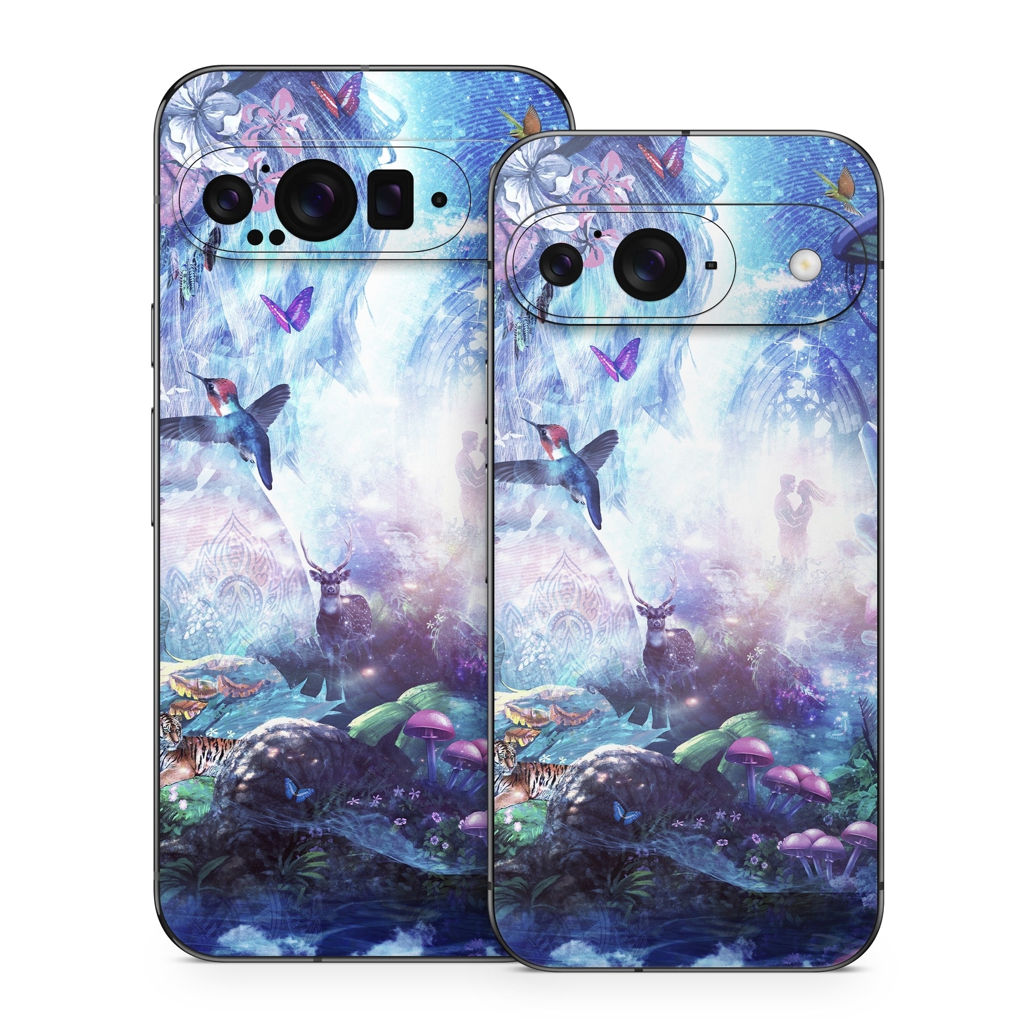 Google Pixel 9 Series Skin design of Man, Woman, Fictional Character, Mythology, Bird, Wing, Mythical Creature, Deer, Tiger, Mushrooms, Butterfly, with white, blue, green, red, yellow, black, purple, gray colors