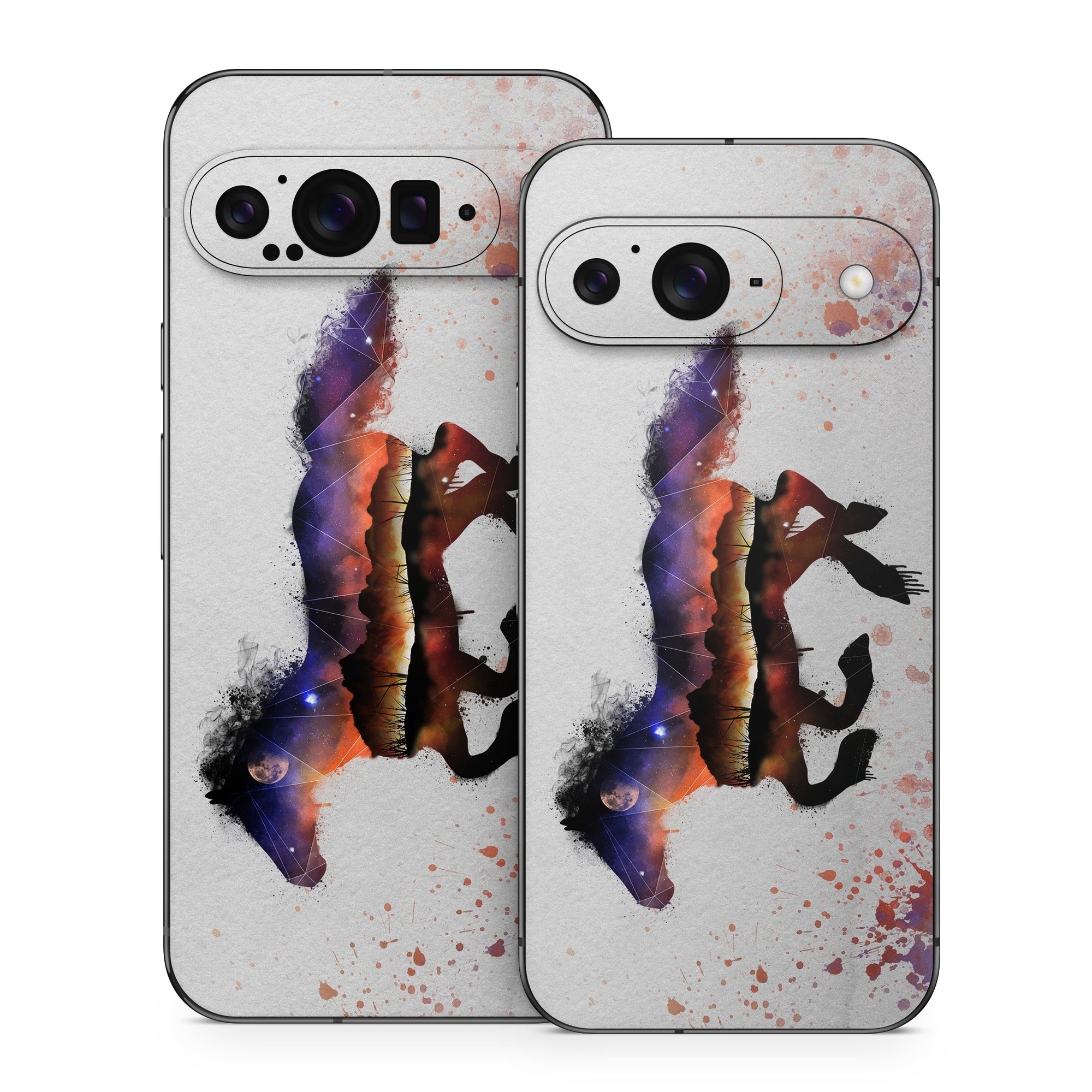 Google Pixel 9 Series Skin design of Watercolor paint, Illustration, Art, Horse, Paint, Drawing, Graphic design, Painting, Visual arts, Mustang horse, with gray, white, purple, red, yellow, black, orange colors