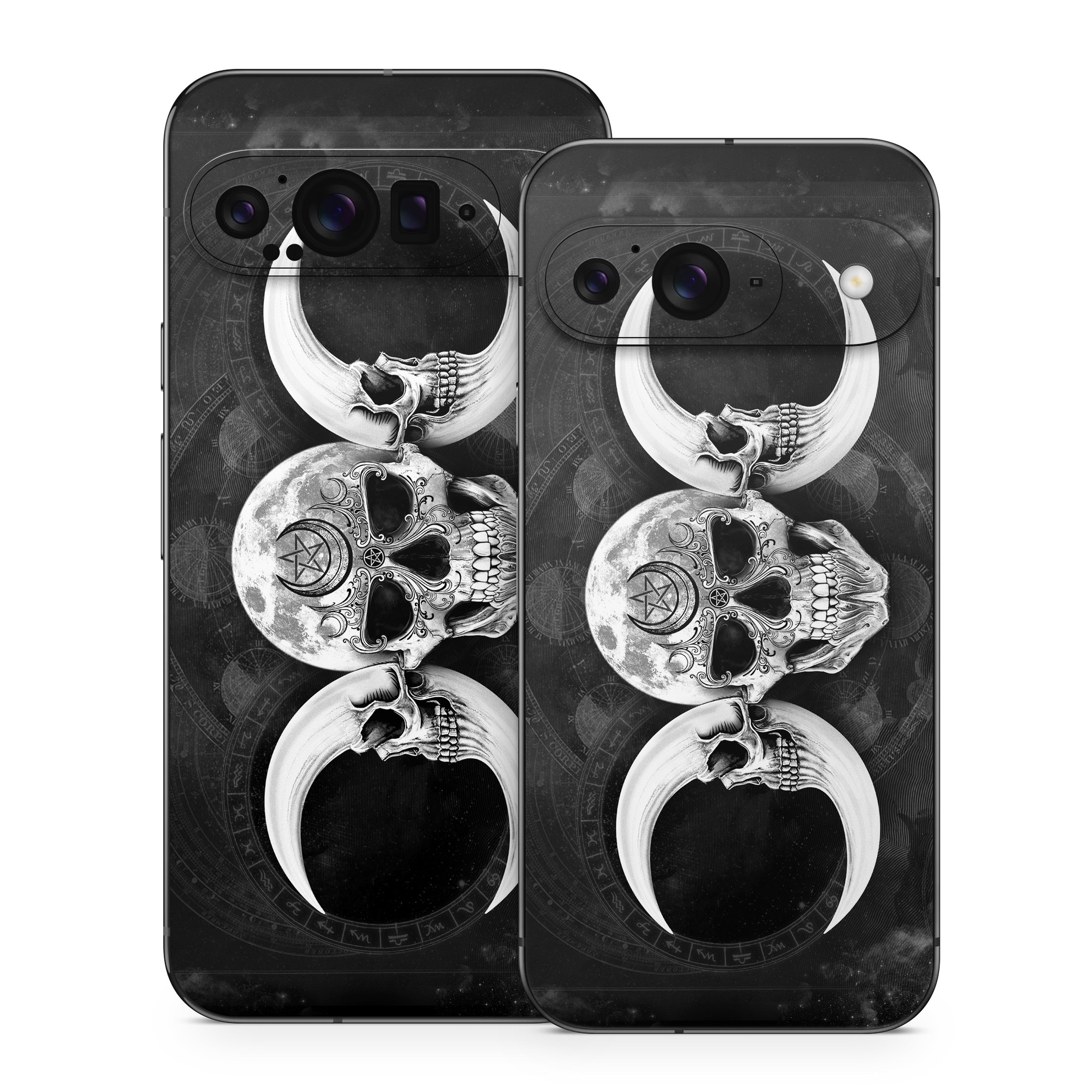 Google Pixel 9 Series Skin design of Bone, Skull, Darkness, Monochrome, Black-and-white, Circle, Symmetry, Visual Arts, Illustration, Skeleton, Drawing, with black, white, gray colors