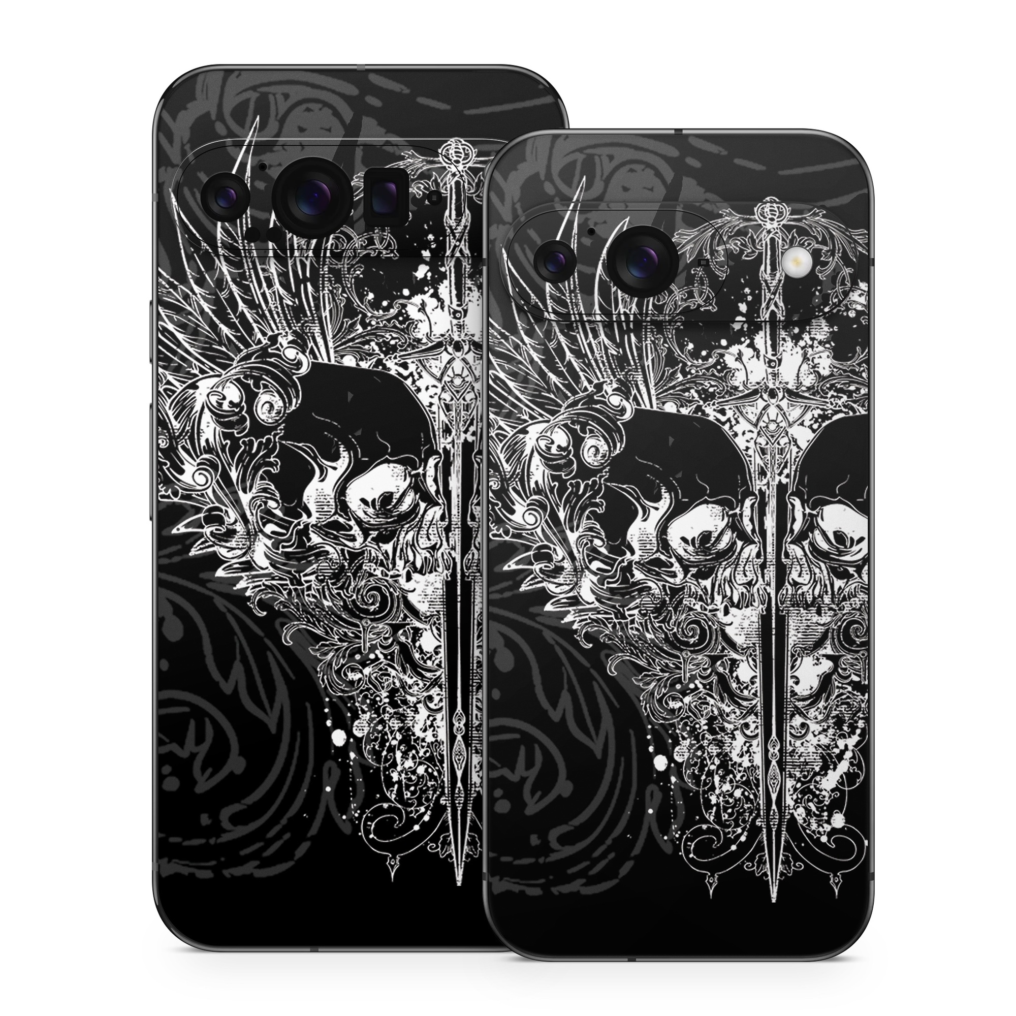 Google Pixel 9 Series Skin design of Illustration, Art, Design, Monochrome, Graphic design, Pattern, Fictional character, Skull, Black-and-white, Graphics, with black, gray colors