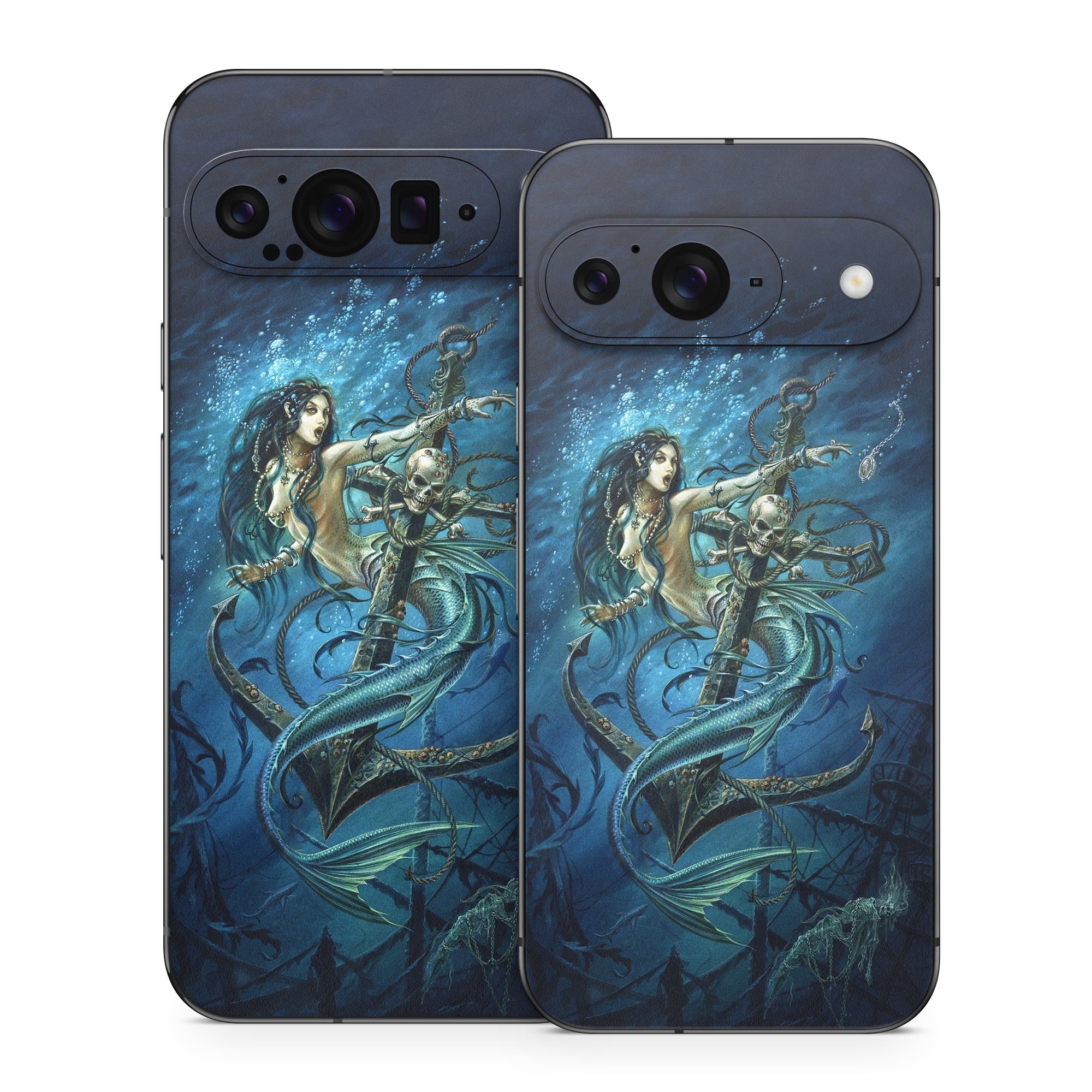 Google Pixel 9 Series Skin design of Mermaid, Cg artwork, Illustration, Fictional character, Art, Mythology, Mythical creature, Graphic design, with blue, green, white, black colors