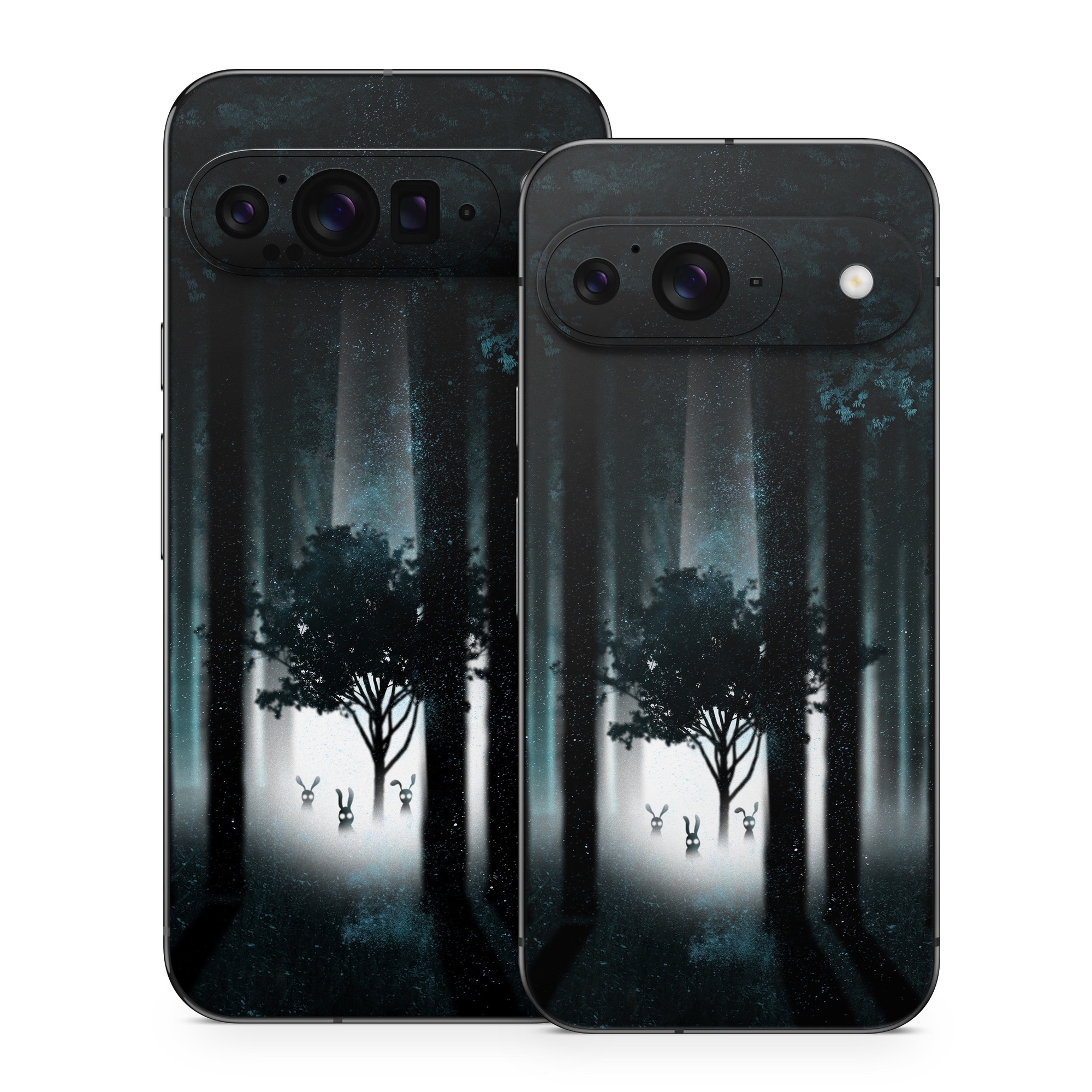 Google Pixel 9 Series Skin design of Darkness, Black, Nature, Tree, Natural environment, Forest, Atmosphere, Atmospheric phenomenon, Light, Natural landscape, with black, blue, white colors