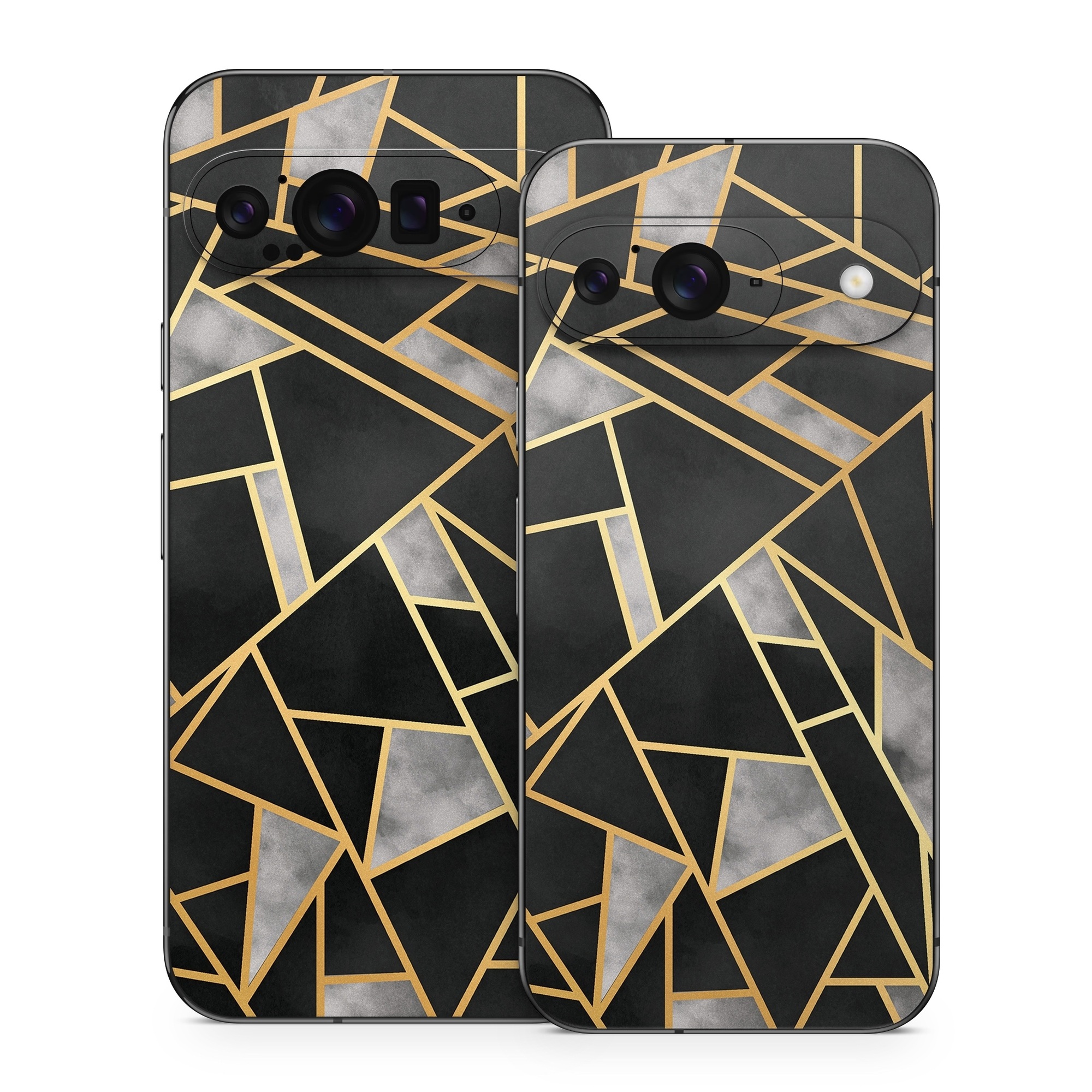 Google Pixel 9 Series Skin design of Pattern, Triangle, Yellow, Line, Tile, Floor, Design, Symmetry, Architecture, Flooring, with black, gray, yellow colors