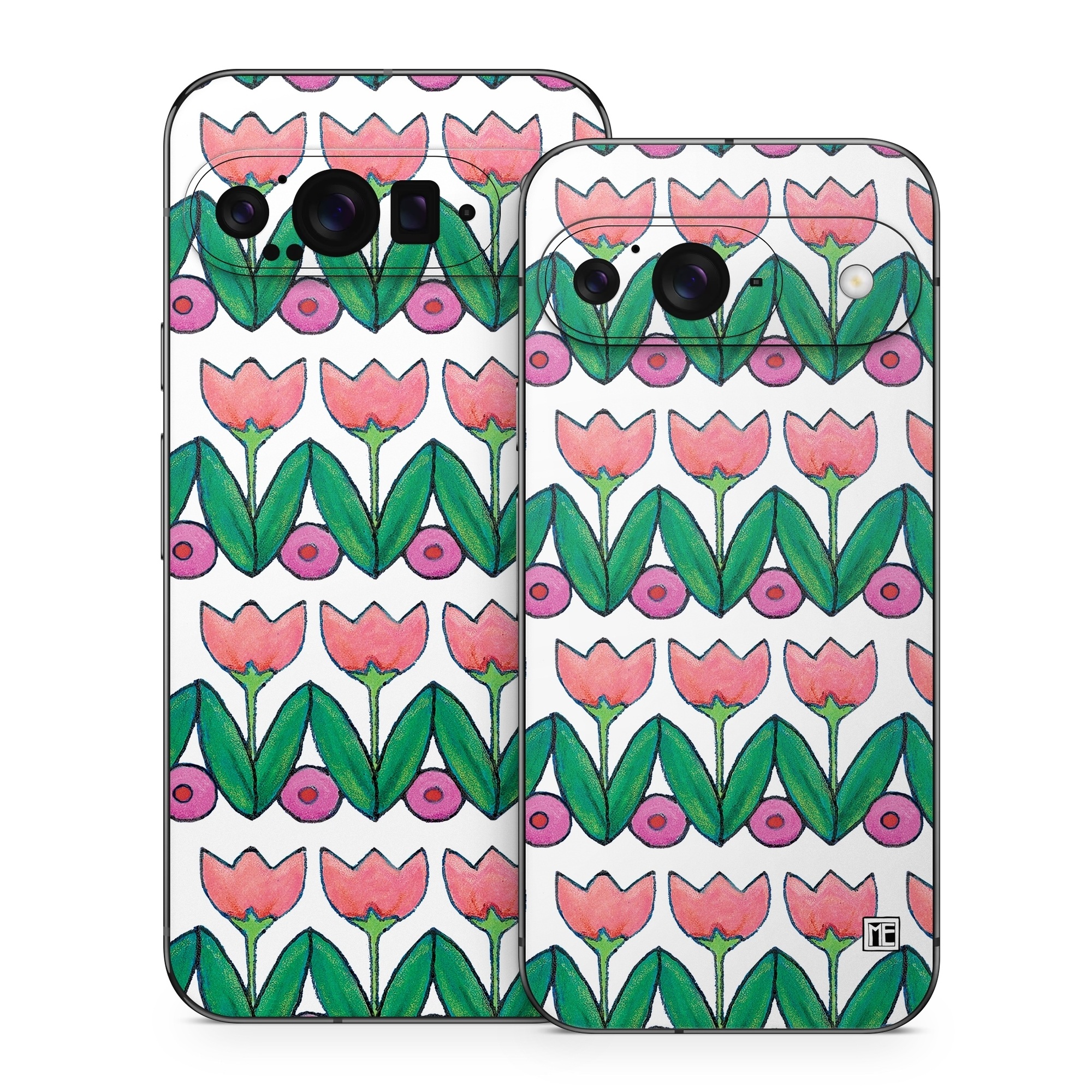 Google Pixel 9 Series Skin design of Green, Rectangle, Textile, Botany, Line, Symmetry, Art, Font, Pattern, Magenta, with white, green, pink, purple colors