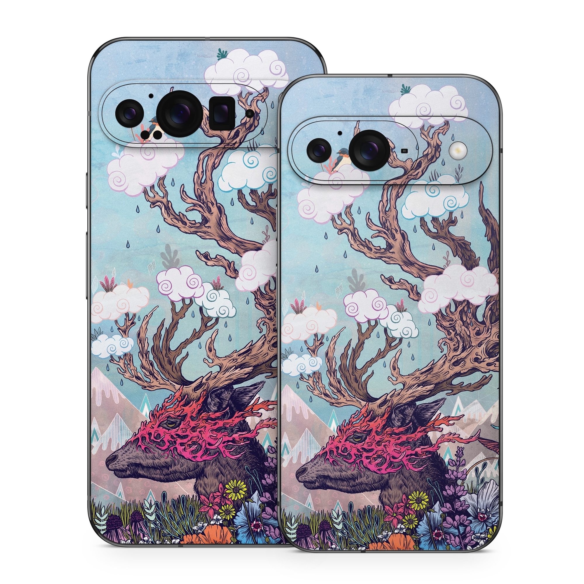 Google Pixel 9 Series Skin design of Illustration, Tree, Watercolor paint, Painting, Art, Plant, Acrylic paint, Fictional character, Flower, Blossom, with gray, black, red, purple, blue colors