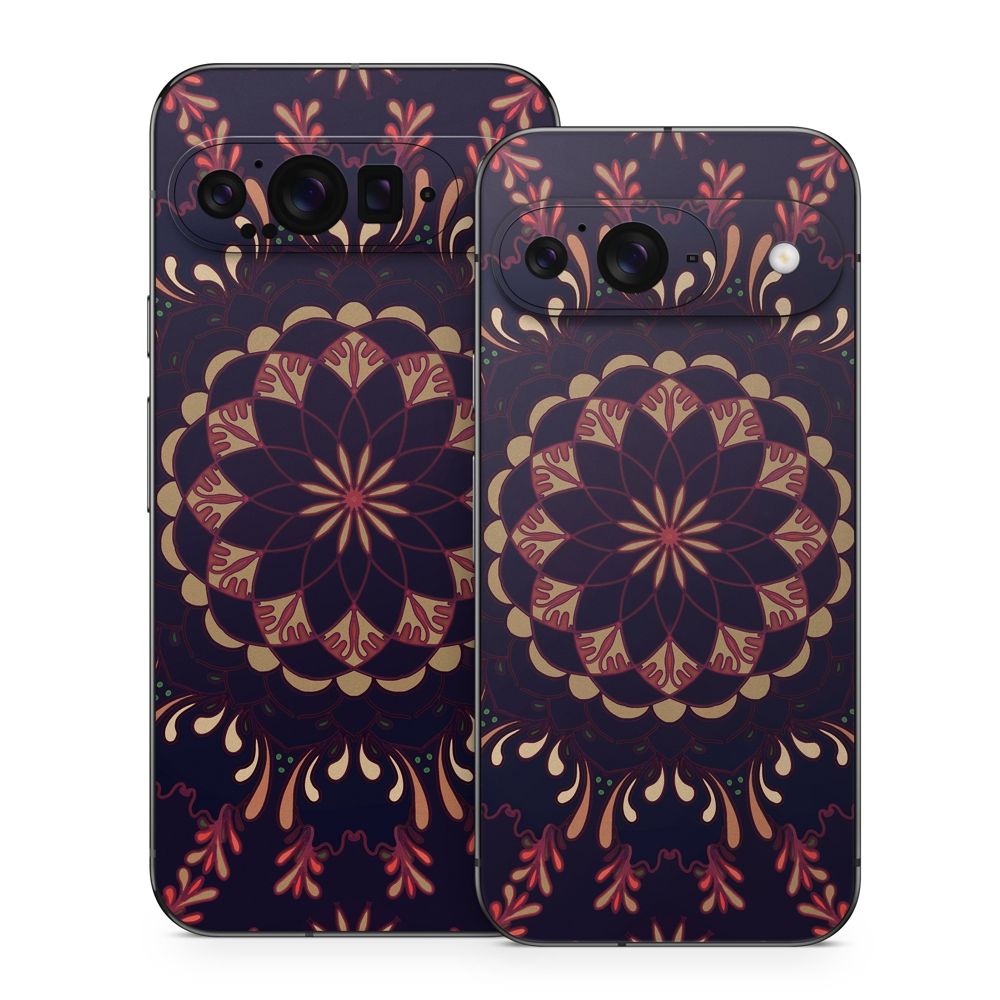 Google Pixel 9 Series Skin design of Pattern, Brown, Red, Symmetry, Textile, Design, Visual arts, Tapestry, Kaleidoscope, with black, red, orange, yellow, brown colors