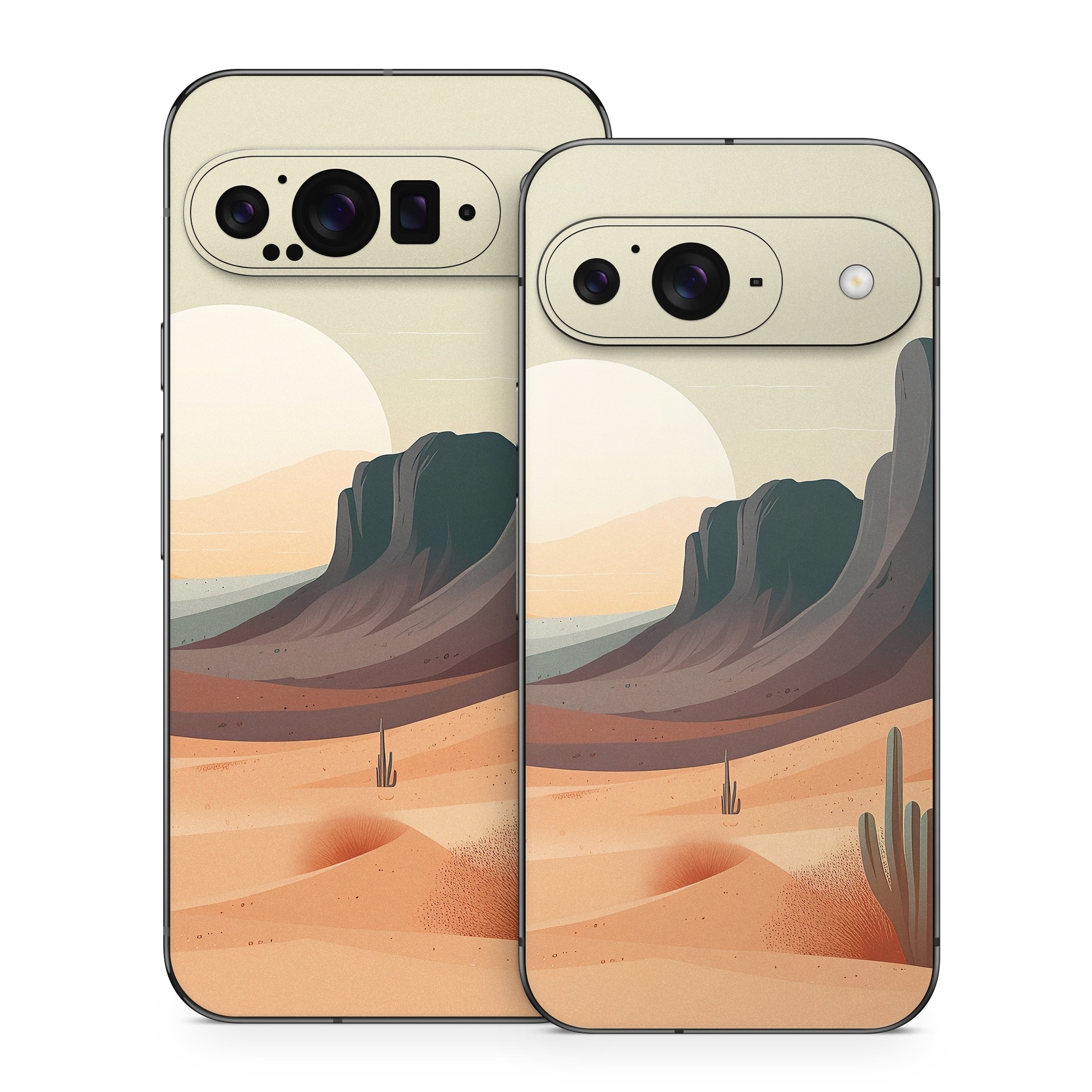 Google Pixel 9 Series Skin design of Sky, Light, Nature, Natural landscape, Art, Landscape, Moon, Mountainous landforms, Formation, Erg, with orange, yellow, brown, green, white, black colors