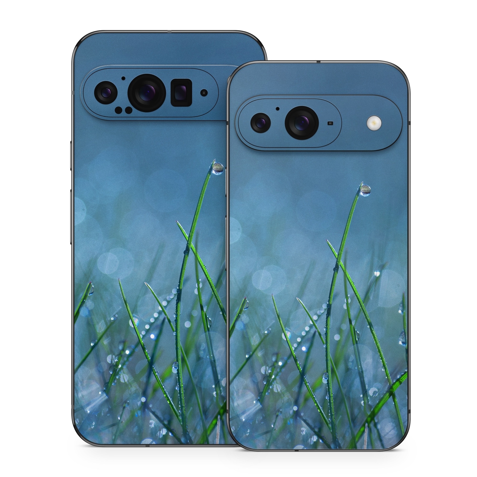 Google Pixel 9 Series Skin design of Moisture, Dew, Water, Green, Grass, Plant, Drop, Grass family, Macro photography, Close-up, with blue, black, green, gray colors