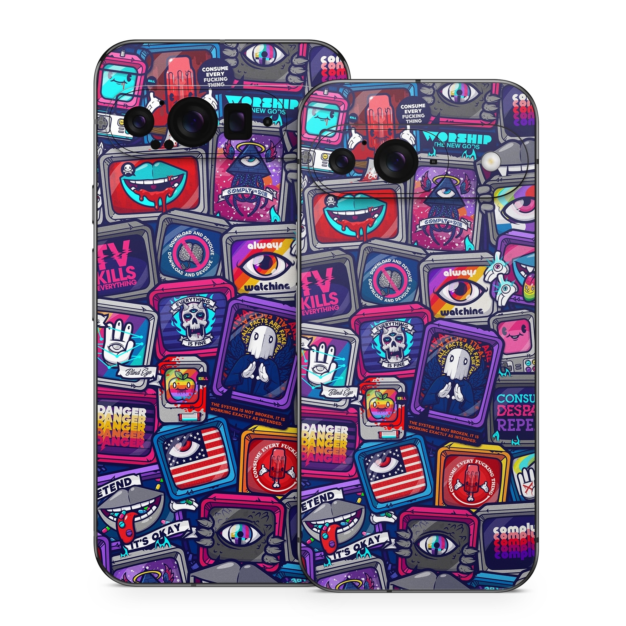 Google Pixel 9 Series Skin design of Pattern, Font, Art, Visual arts, Collection, with red, blue, black, gray, purple, yellow, white, green colors