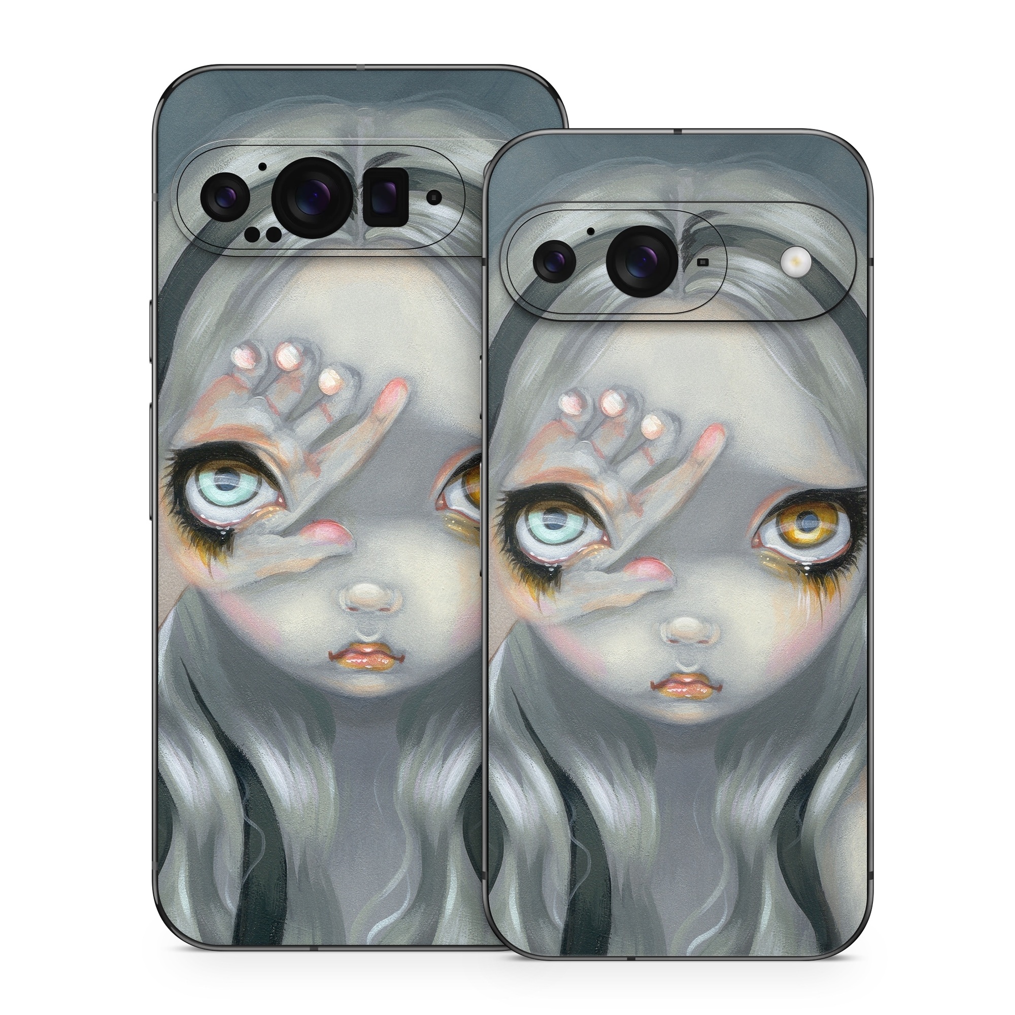 Google Pixel 9 Series Skin design of Face, Head, Cg artwork, Eye, Illustration, Organ, Fictional character, Art, Iris, Darkness, with black, gray, blue, green colors