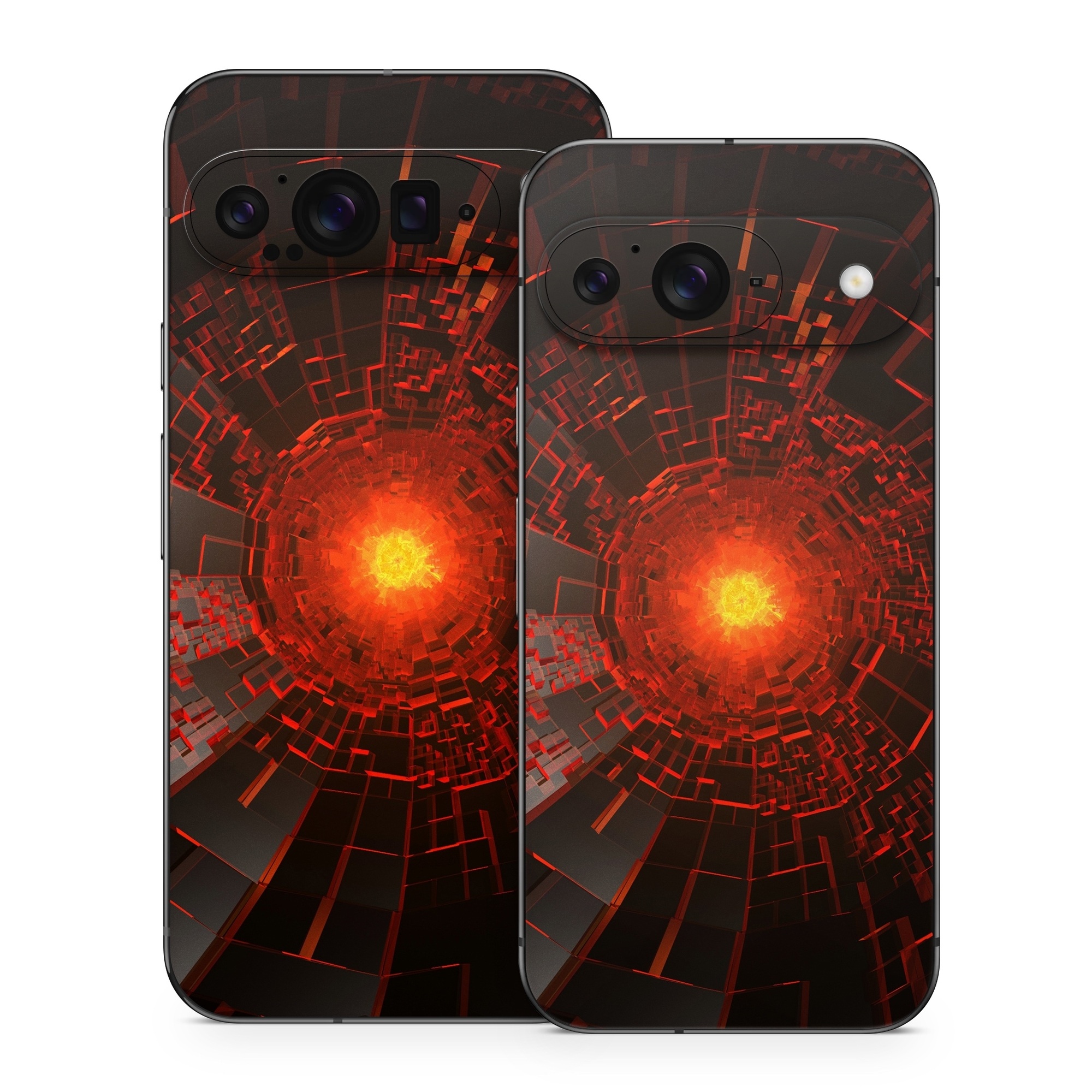 Google Pixel 9 Series Skin design of Red, Fractal art, Light, Circle, Design, Art, Graphics, Symmetry, Pattern, Space, with black, red colors
