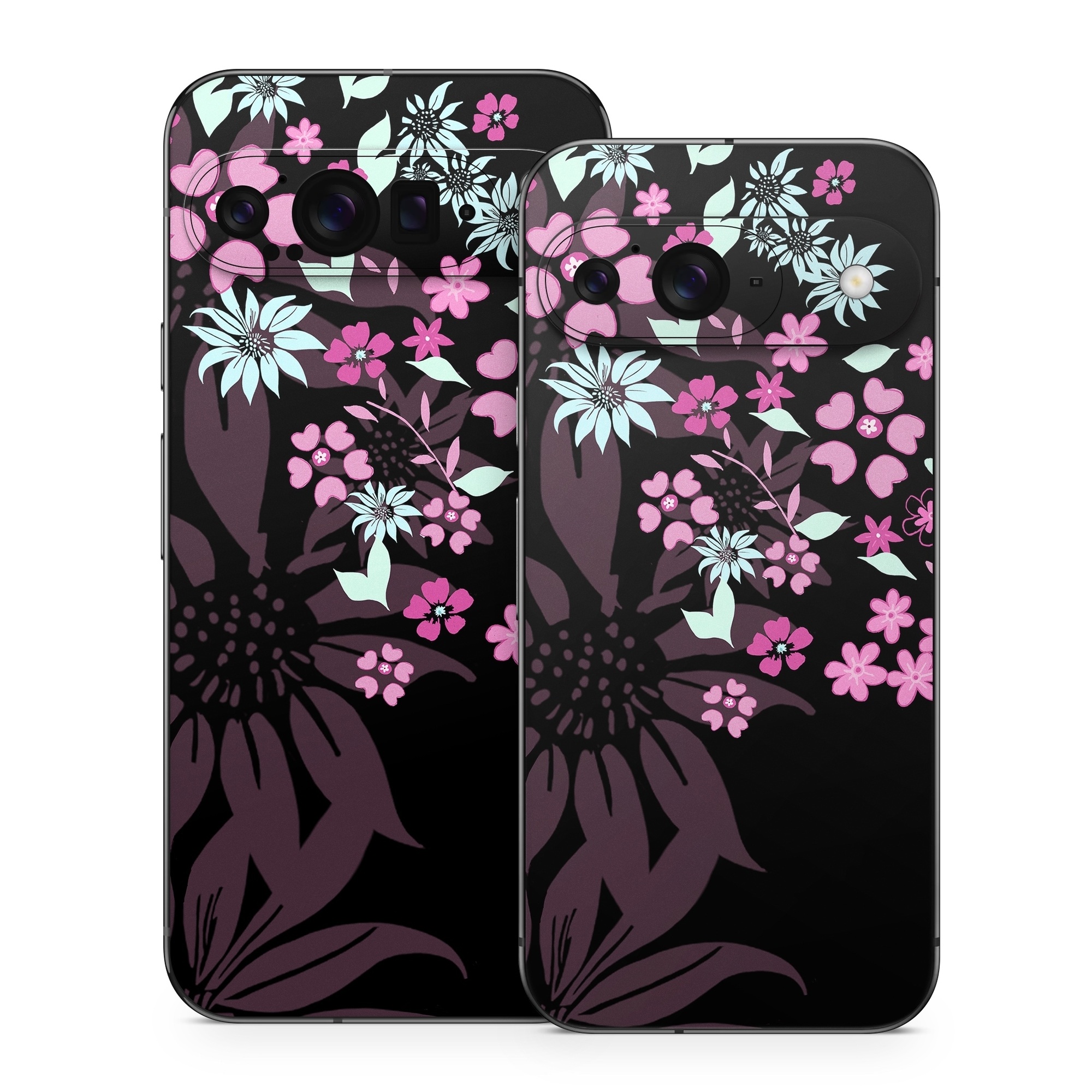 Google Pixel 9 Series Skin design of Pink, Pattern, Flower, Plant, Botany, Petal, Floral design, Design, Pedicel, Graphic design, with black, gray, purple, green, red, pink colors