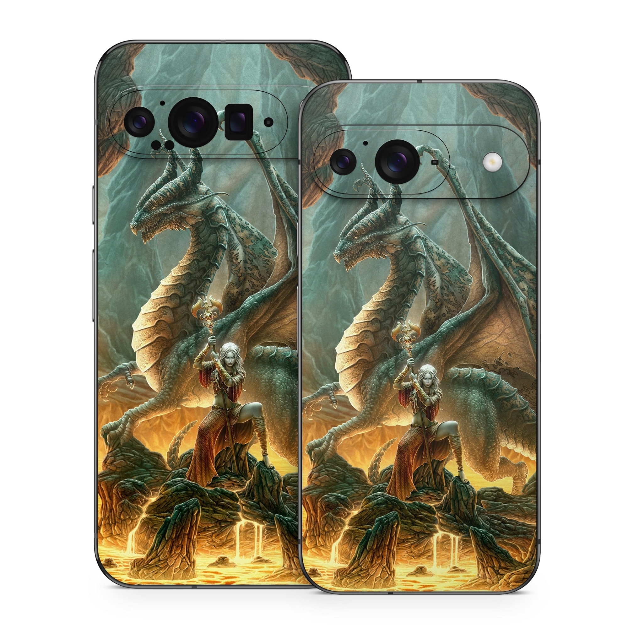 Google Pixel 9 Series Skin design of Dragon, Cg artwork, Mythology, Fictional character, Mythical creature, Art, Illustration, Cryptid, Sculpture, Demon, with black, green, red, gray, blue colors
