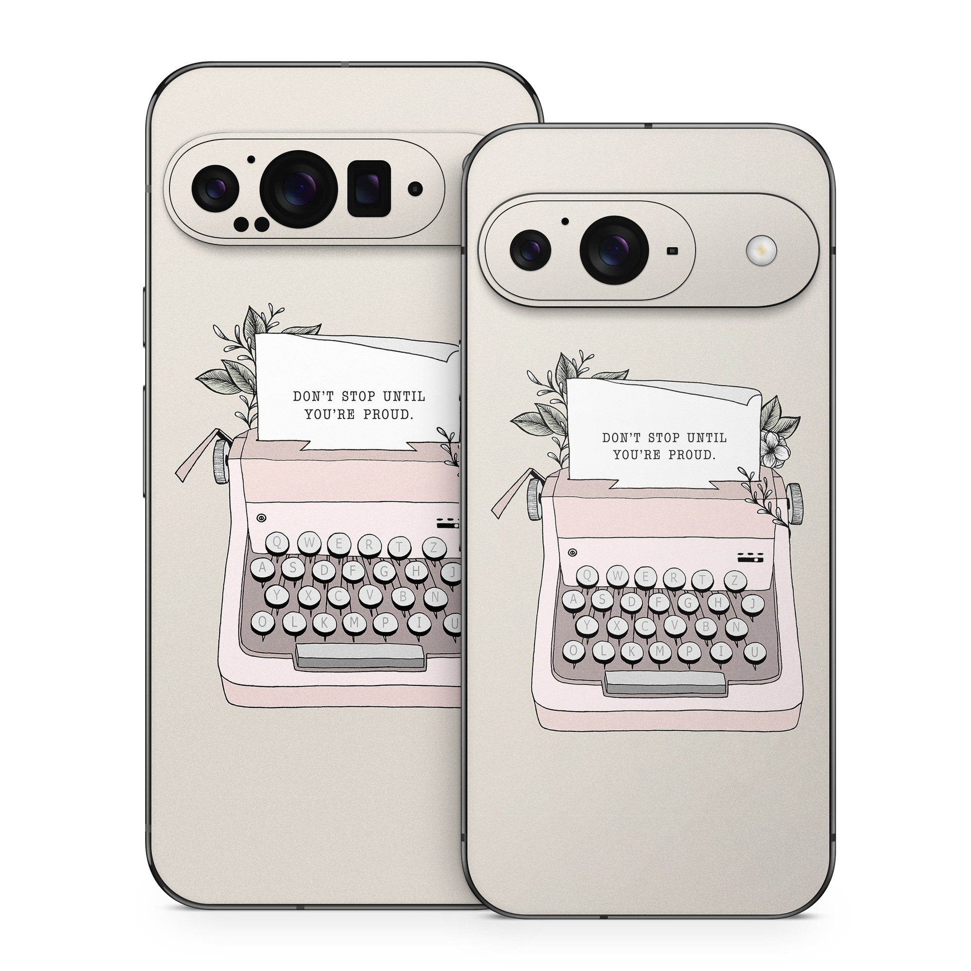 Google Pixel 9 Series Skin design of Typewriter, Office equipment, Space bar, Office supplies, Illustration, with black, white, pink colors