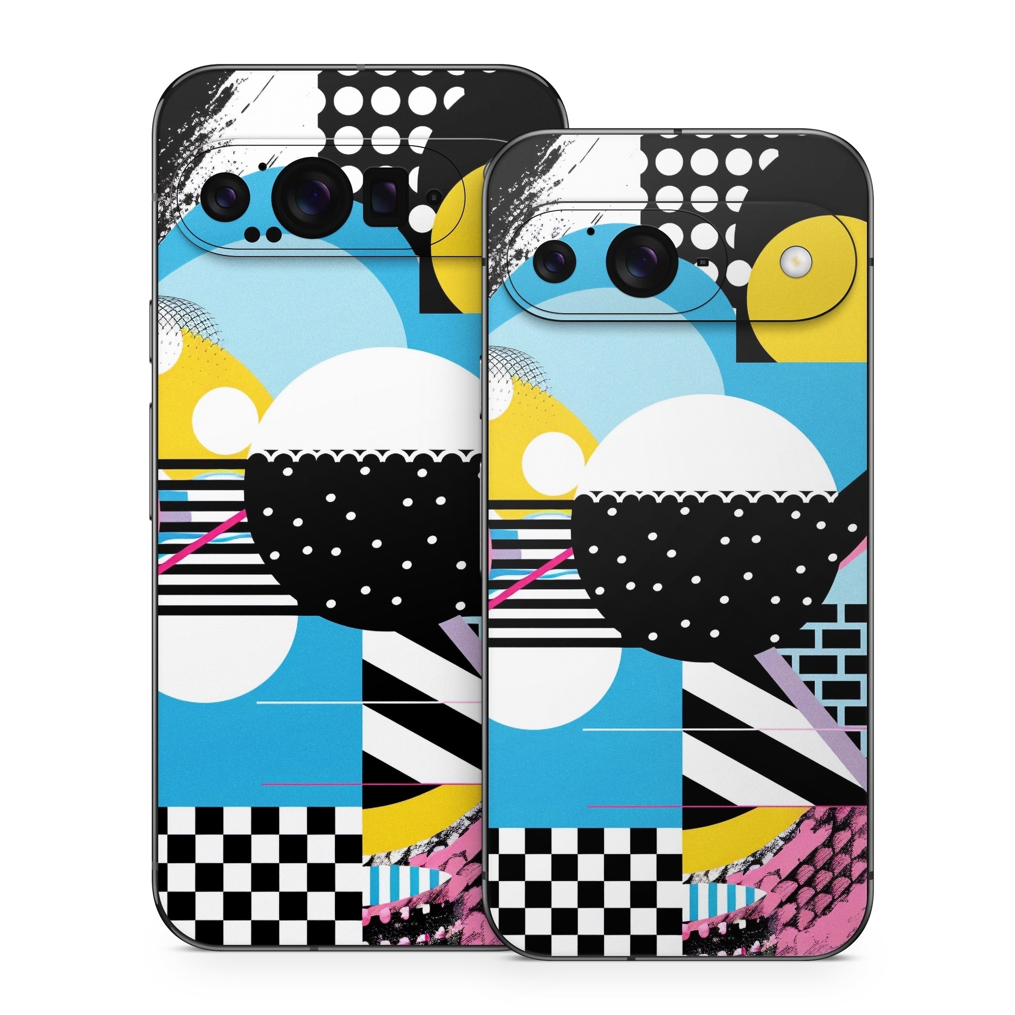 Google Pixel 9 Series Skin design of White, Yellow, Art, Font, Pattern, Circle, Design, Creative arts, Graphics, Electric blue, with blue, pink, white, black, yellow colors