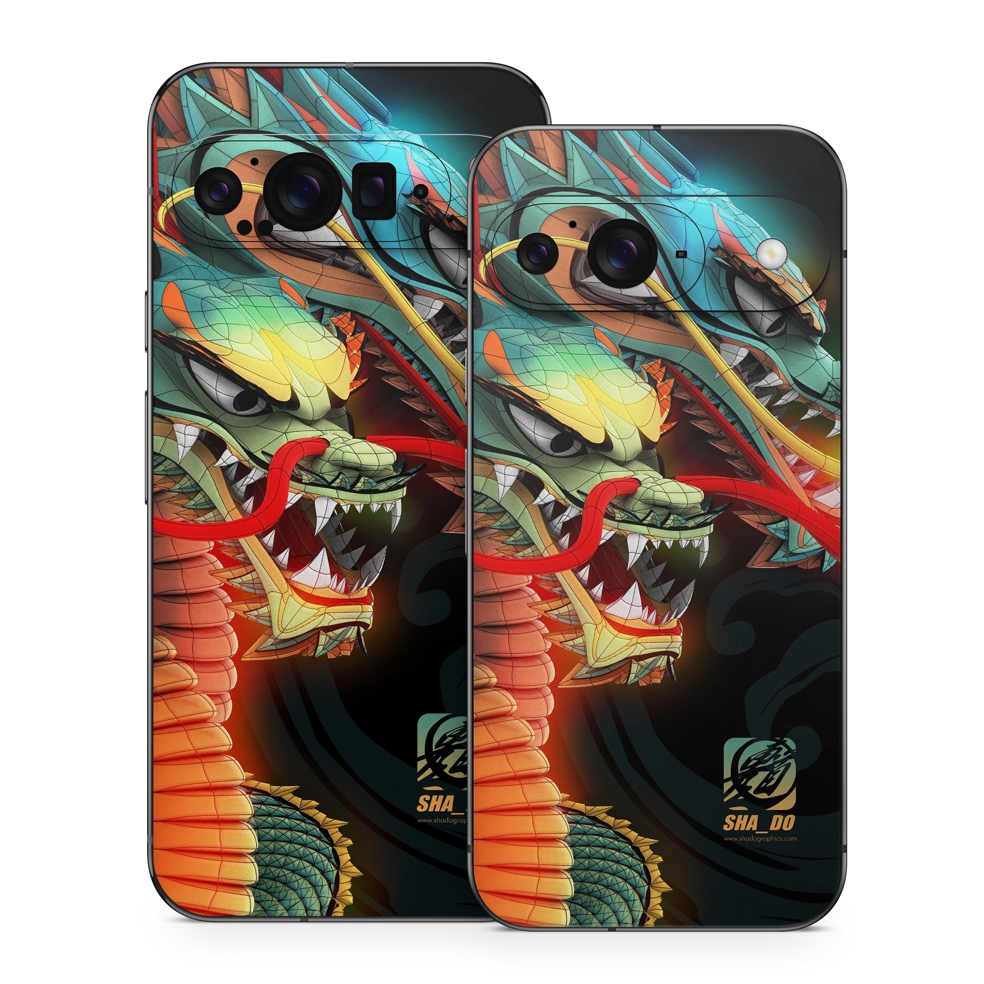 Google Pixel 9 Series Skin design of Dragon, Fictional character, Illustration, Art, Cg artwork, Fiction, Mythical creature, Graphics, with black, green, red, yellow, orange colors