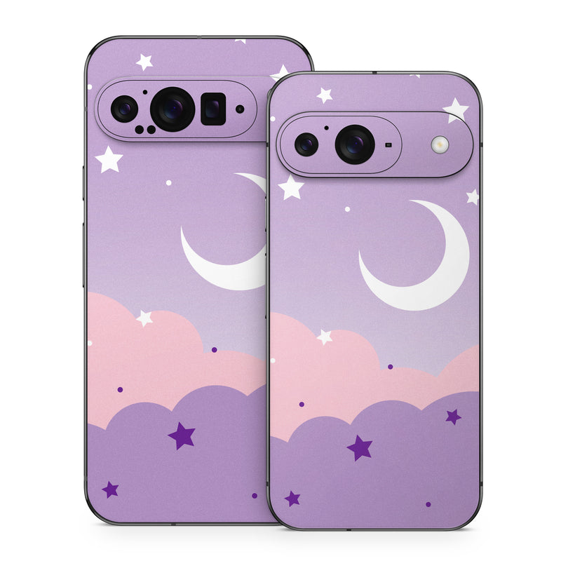 Google Pixel 9 Series Skin design of Astronomical object, Pink, Star, Purple, Crescent, Moon, Graphics, Animation, Wallpaper, Graphic design, with purple, white colors