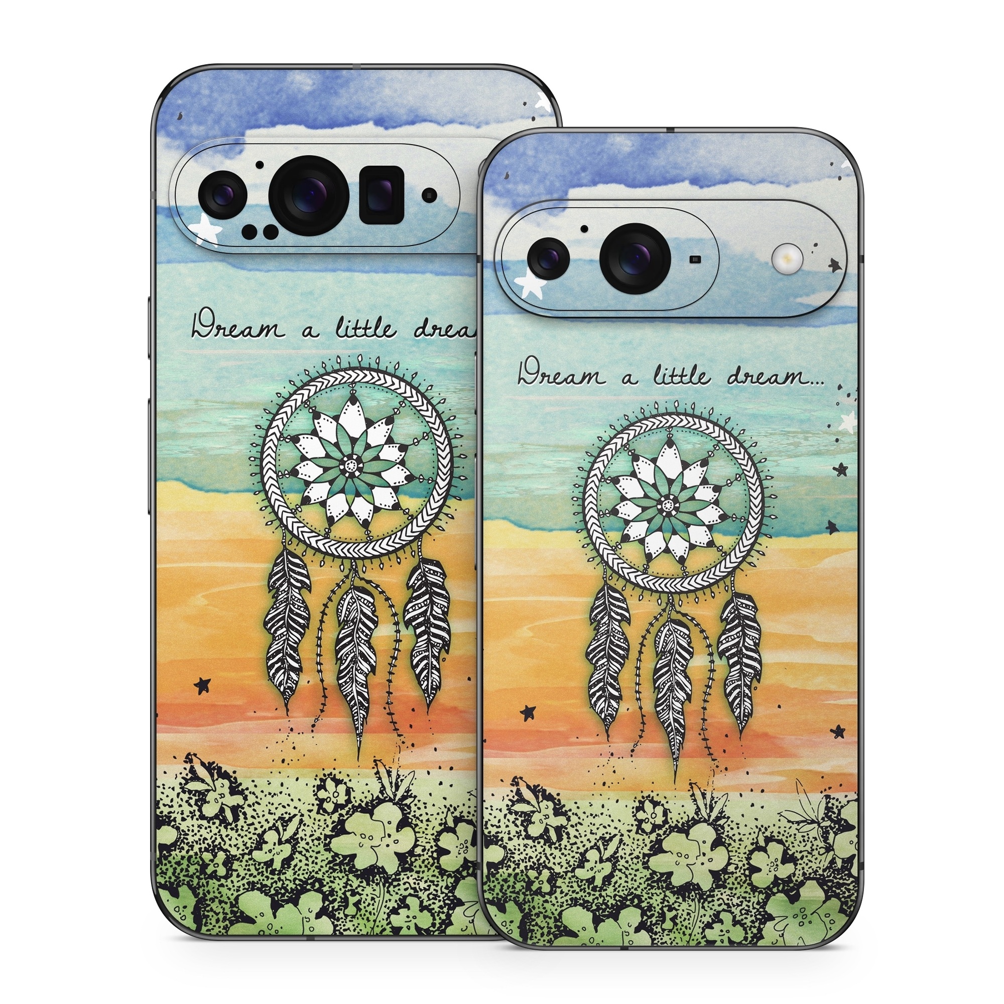 Google Pixel 9 Series Skin design of Text, Sky, Font, Illustration, Plant, Art, Wildflower, sunflower, Graphics, with blue, green, yellow, orange, black colors