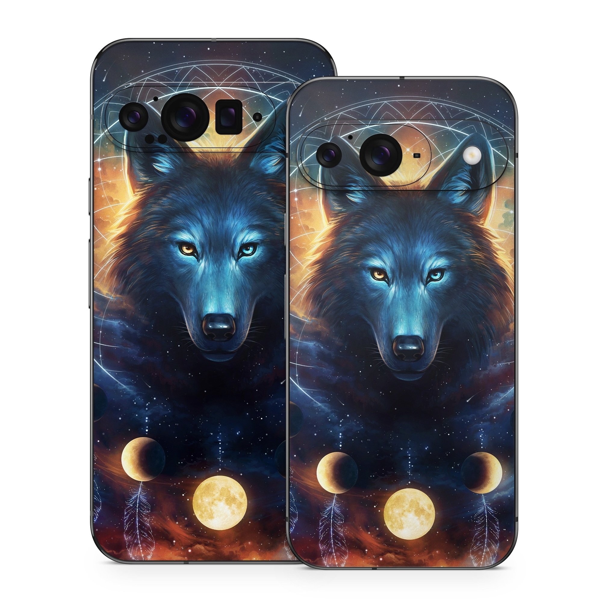 Google Pixel 9 Series Skin design of Light, Nature, Carnivore, Organism, Dog breed, Art, Electric blue, Space, Midnight, Illustration, with black, blue, yellow, orange, green, red, white colors